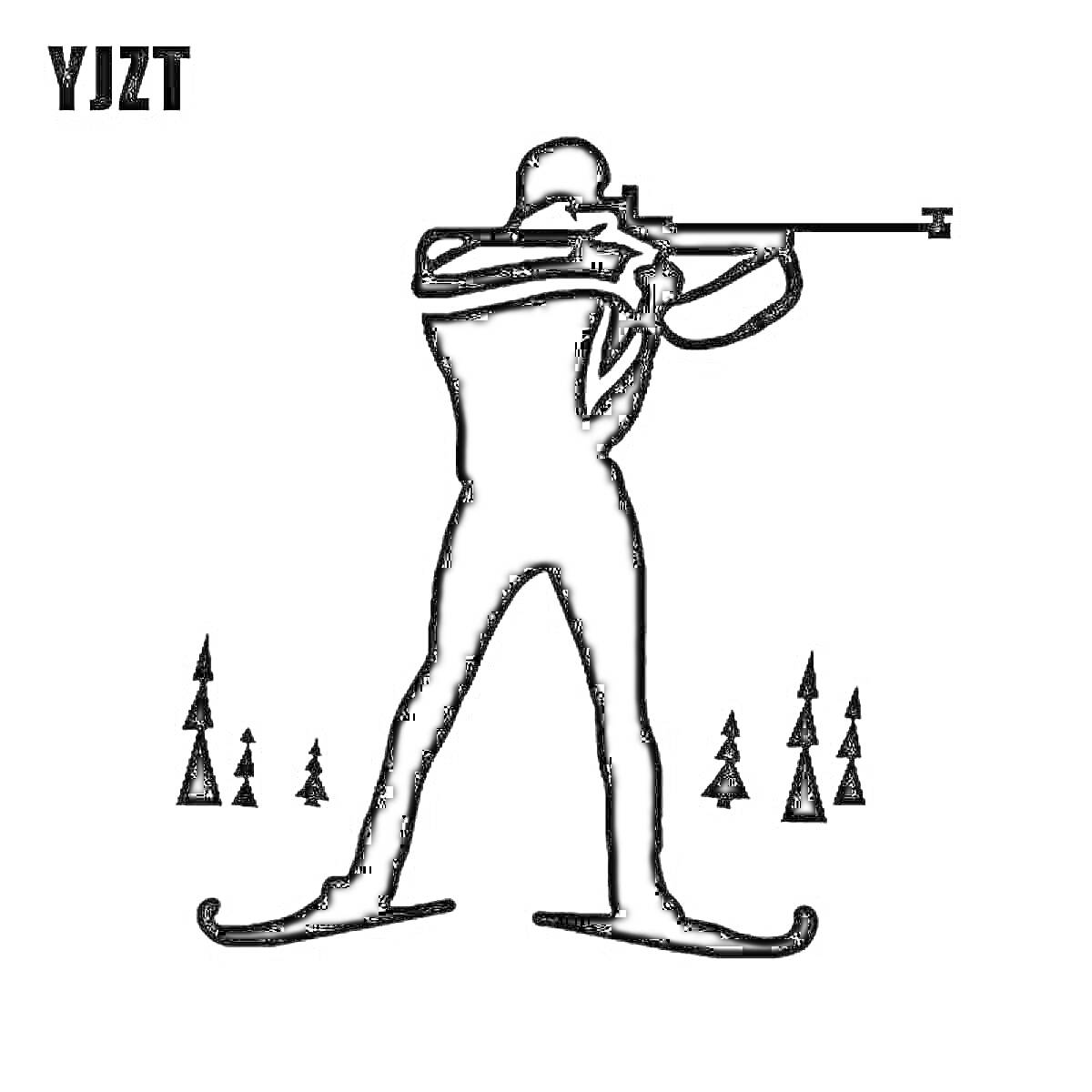 Раскраска Человек на лыжах с винтовкой в позиции для стрельбы, деревья на заднем плане