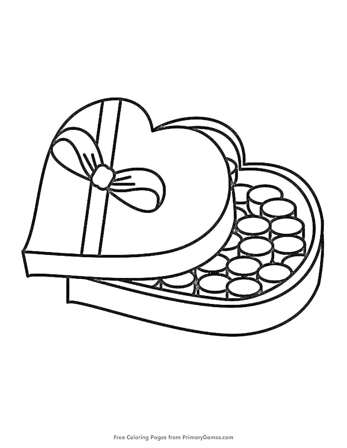 РаскраскаКоробка конфет в форме сердца с бантом