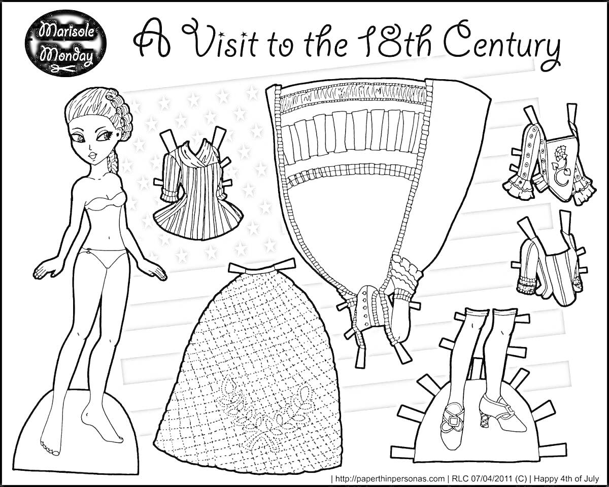 На раскраске изображено: 18 век, Корсет, Чулки, Туфли, Одежда, Бумажная кукла