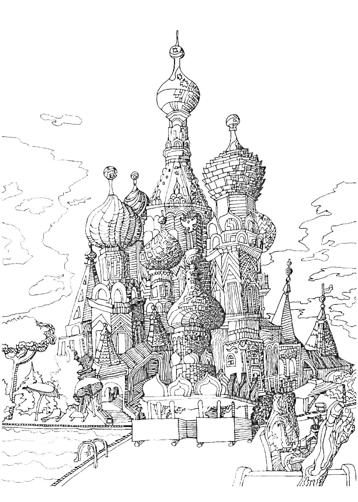 Раскраска Кремль с куполами, башнями и окружающим пейзажем, включая деревья и людей.