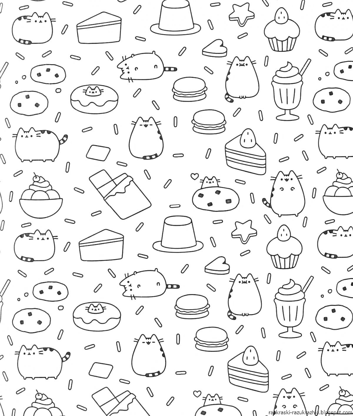 На раскраске изображено: Кот, Десерты, Торт, Пирожное, Мороженое, Шоколад, Пудинг, Сладости, Еда