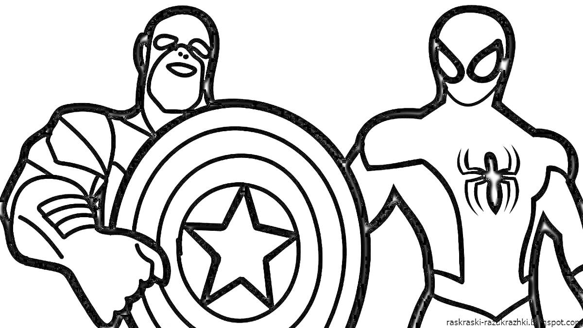 На раскраске изображено: Капитан америка, Человек-Паук, Щит, Супергерои, Комиксы, Марвел, Звезды