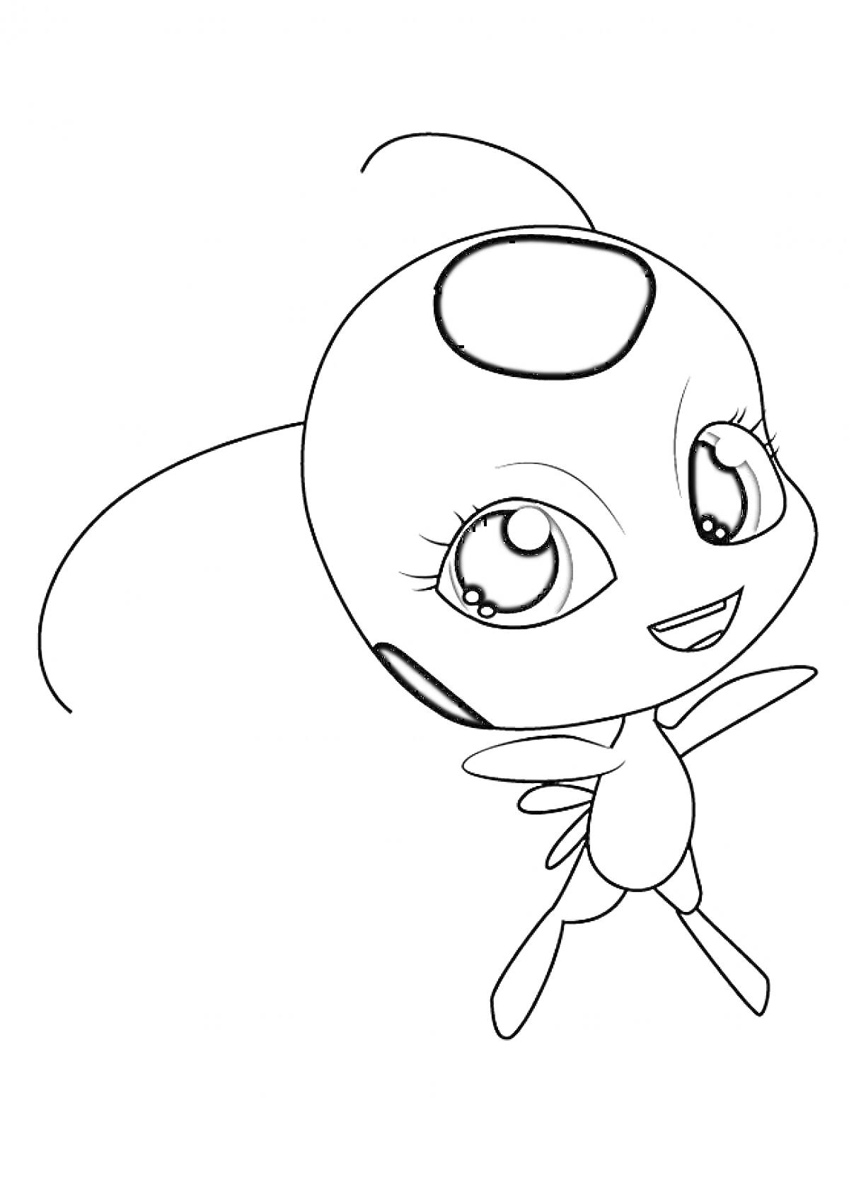 Раскраска Маленький персонаж Леди Баг с большими глазами и пятнами на голове и теле