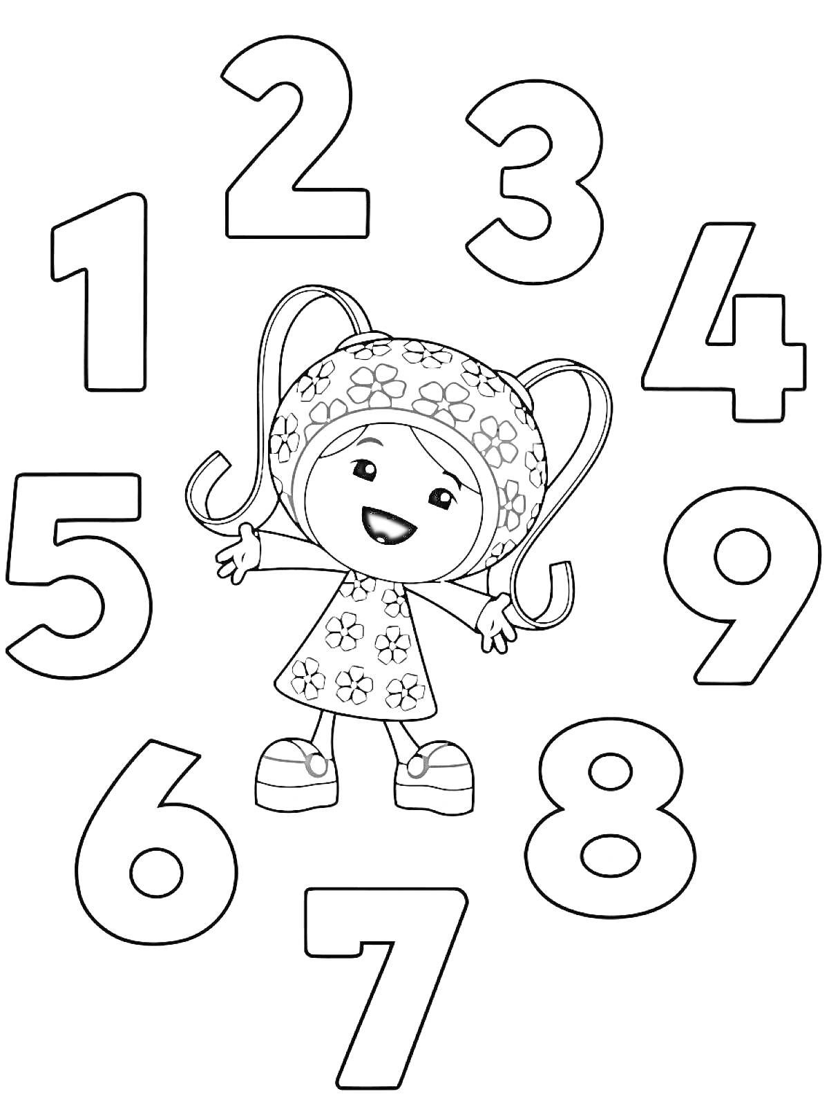 Девочка-робот в цветочном платье и числам от 1 до 9 вокруг неё