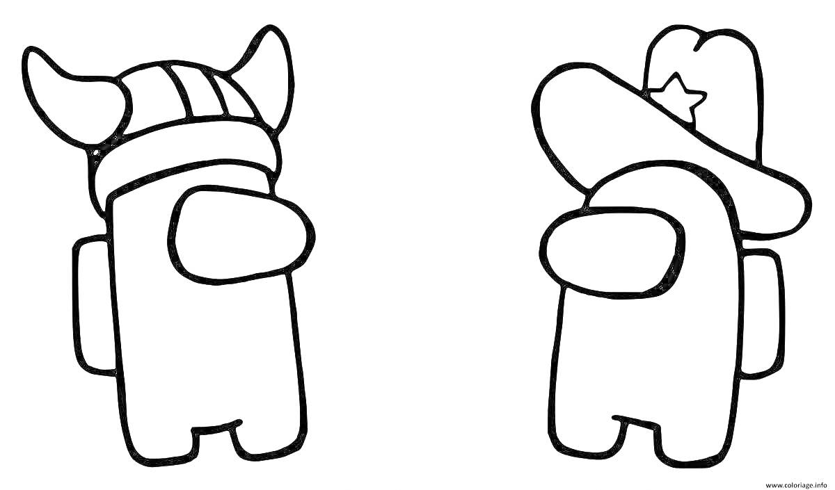 Раскраска Два персонажа из игры Among Us, один в шлеме викинга, другой в ковбойской шляпе со звездой.