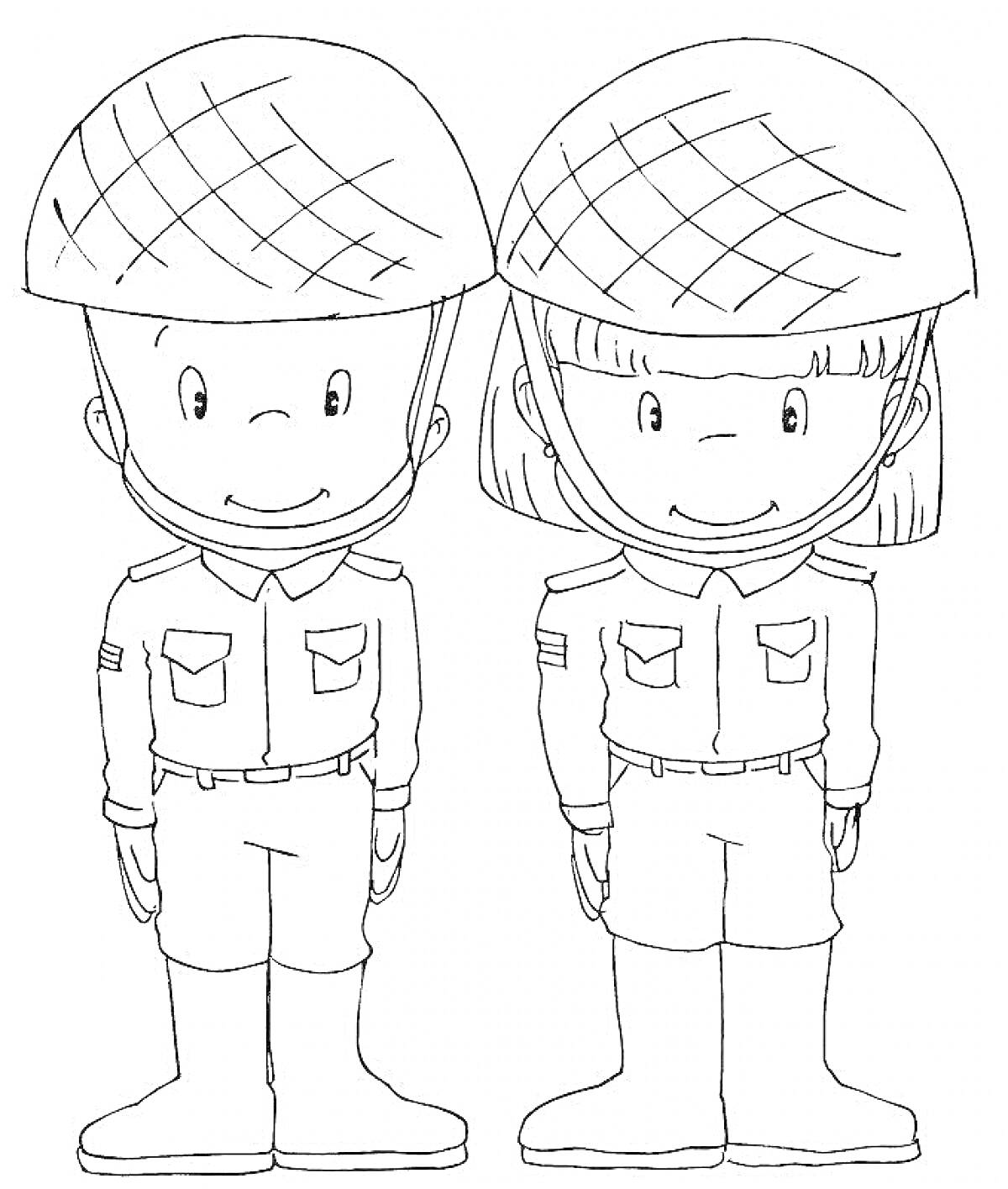 На раскраске изображено: Шлемы, Форма, Военные, Две фигуры, Армия, Униформа