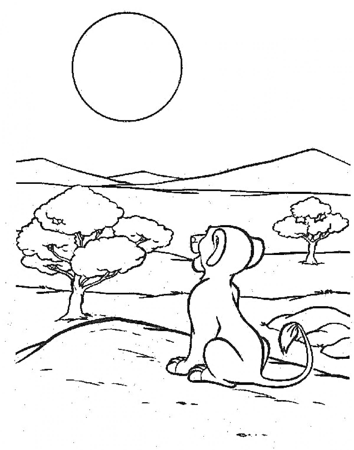 Раскраска Лев, смотрящий на солнце в саванне, с деревьями на заднем плане и горами вдалеке