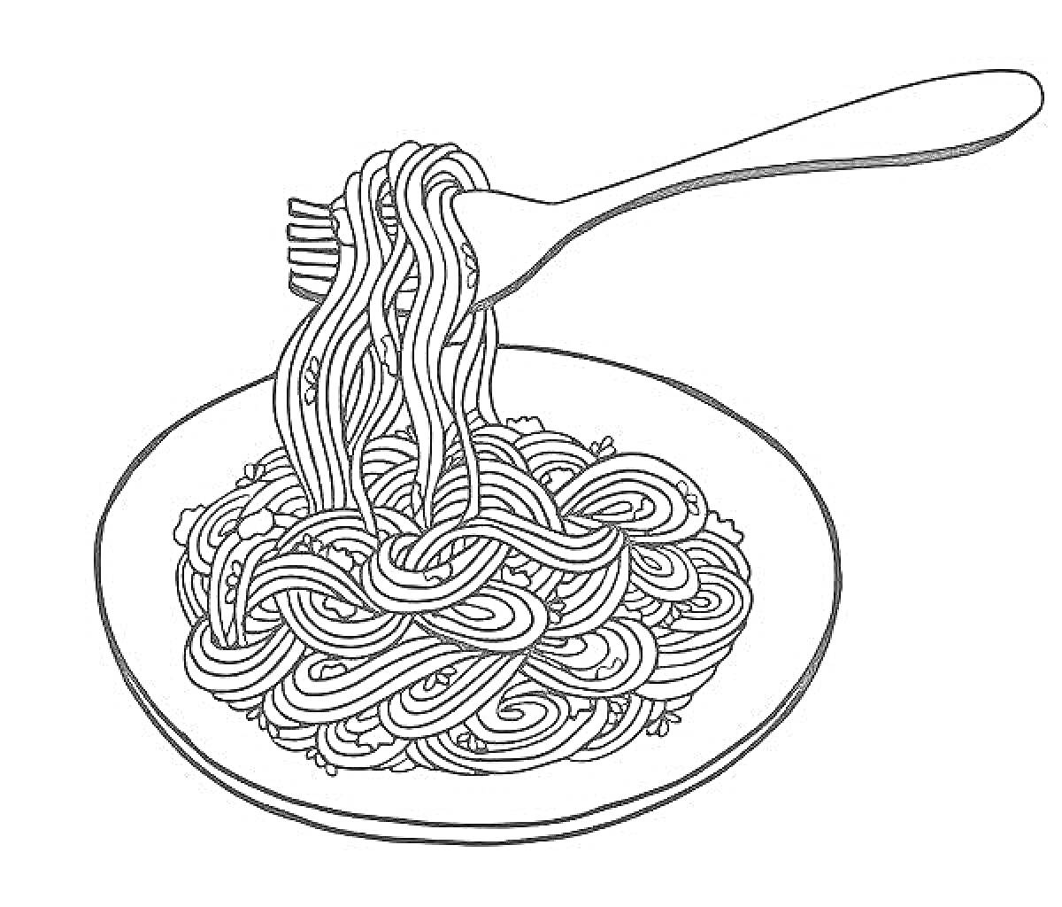 Раскраска Спагетти на тарелке с вилкой