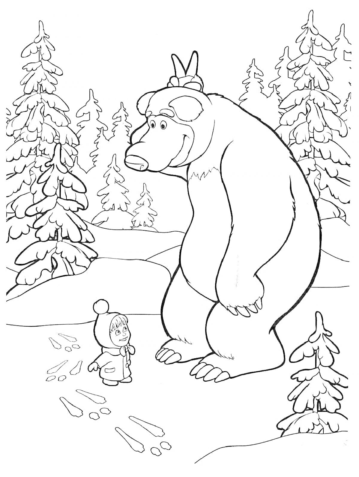 Раскраска Маша и Медведь зимой в лесу, снежные следы, ели в снегу