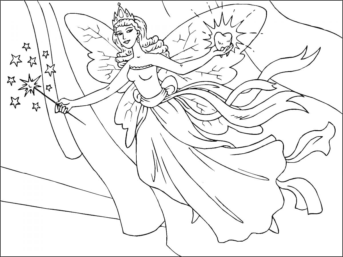 Раскраска Фея с короной, держащая волшебную палочку и светящийся шар, длительное платье с лентами, крылья с деталями