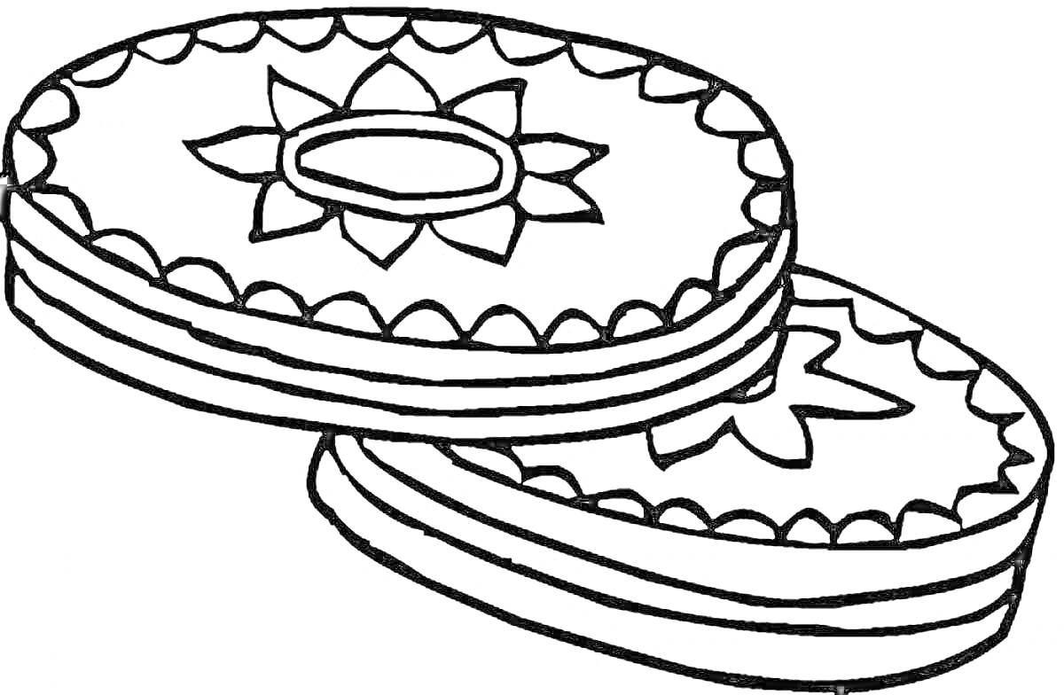 Раскраска Два круглых печенья с узором в виде цветка посередине и зубцами по краям