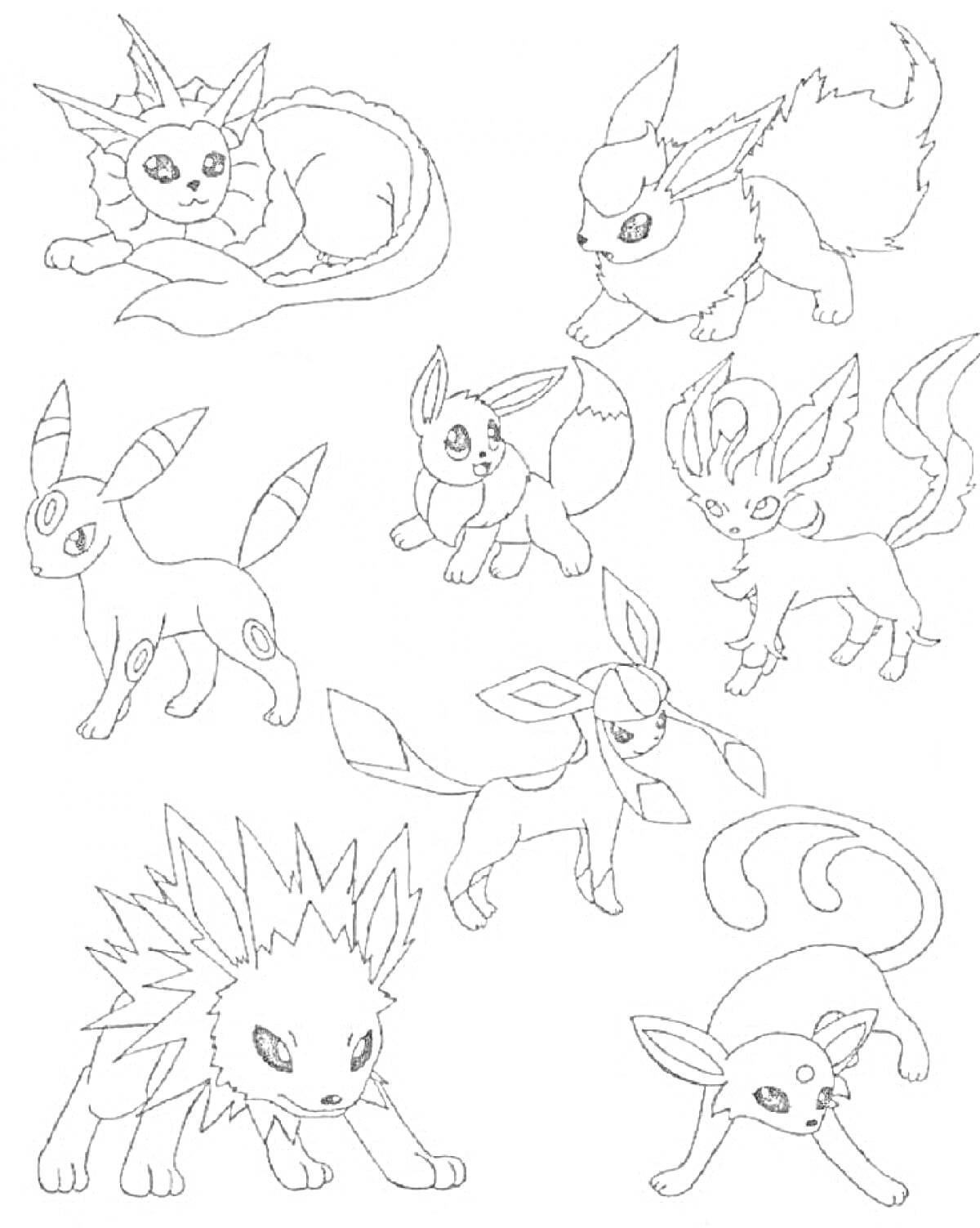 Раскраска Эволюции иви (Vaporeon, Flareon, Jolteon, Espeon, Umbreon, Leafeon, Glaceon, Sylveon)