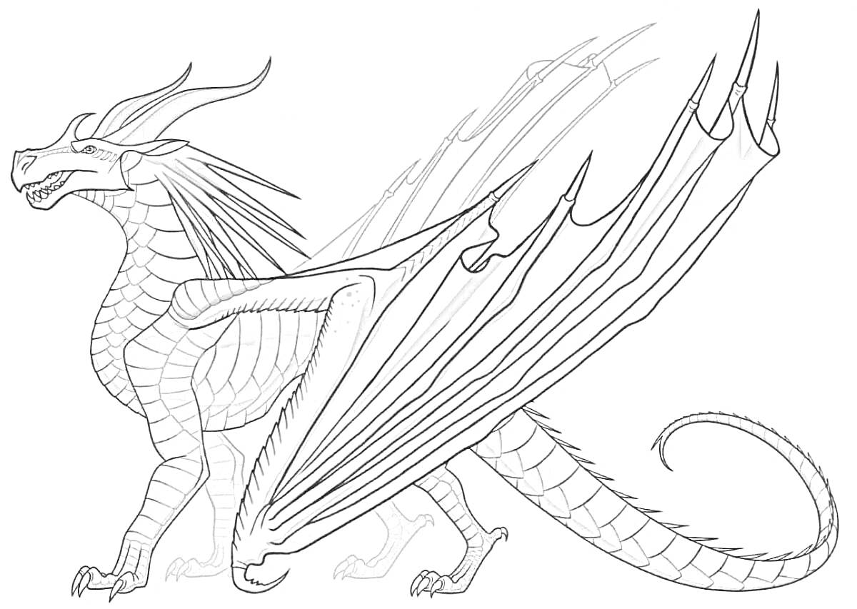 Раскраска Ледяной дракон с острыми крыльями, рогами и чешуей