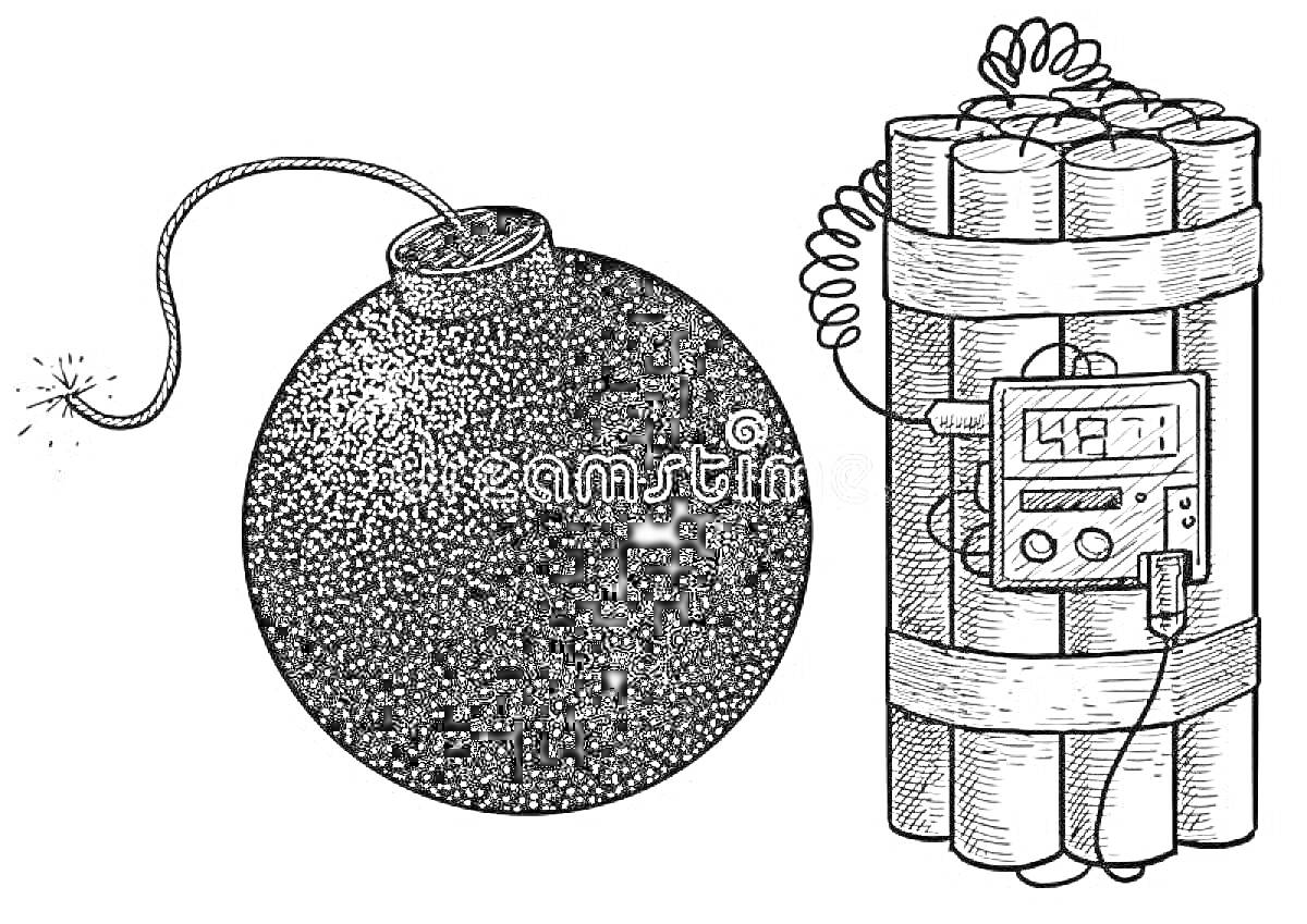 Раскраска Шаровая бомба с запалом и динамитная связка с детонатором и таймером