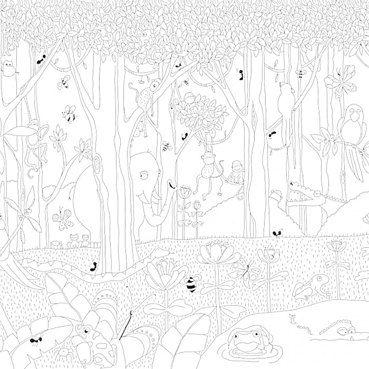 Раскраска Джунгли с животными и растениями