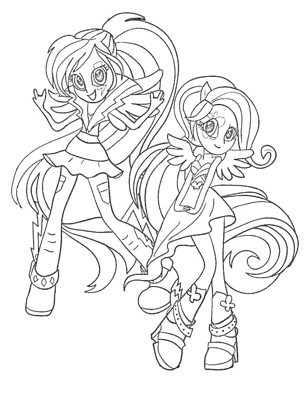 Раскраска Две девочки с длинными волосами и крыльями, одетые в юбки и ботинки