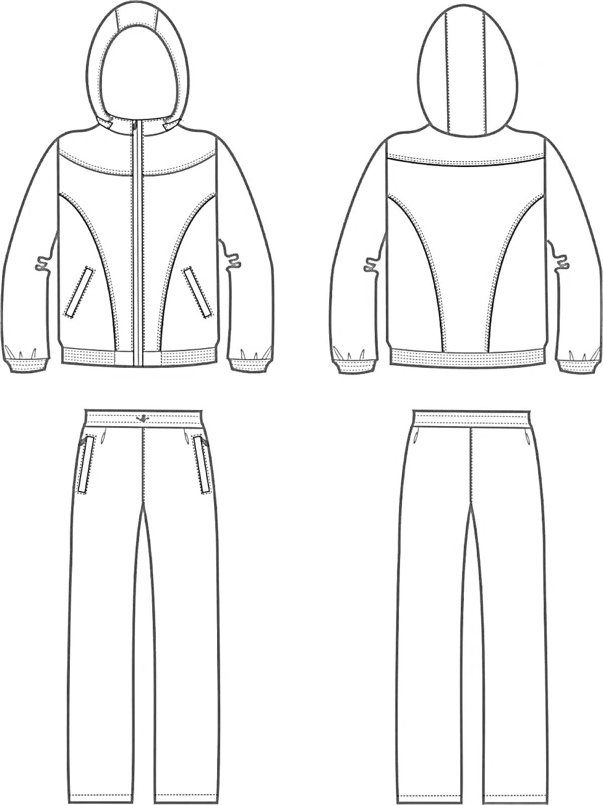 Раскраска Спортивный костюм с капюшоном: куртка с молнией и карманами, брюки
