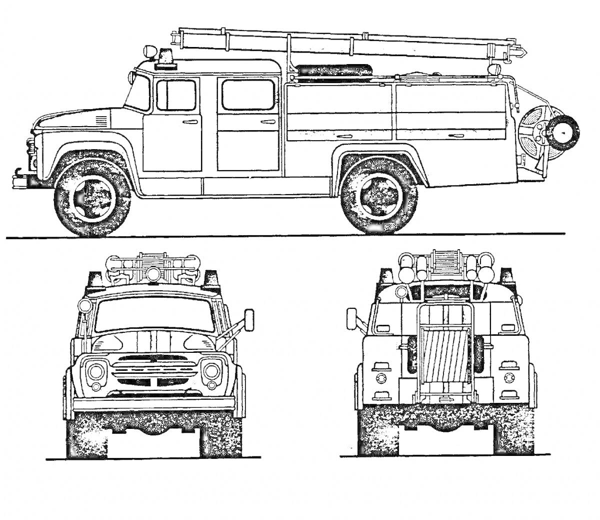 ЗИЛ 130 с лестничной установкой и сиреной, вид сбоку и спереди.