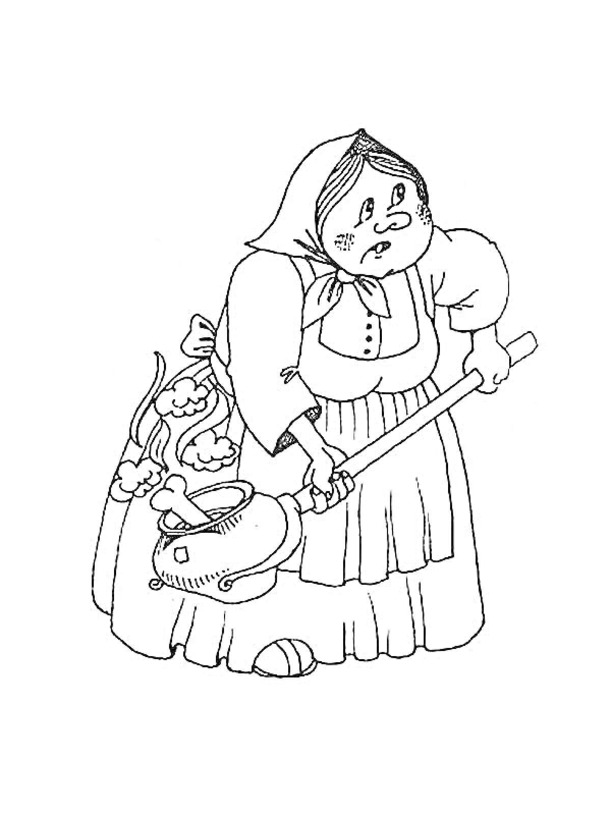РаскраскаСтарушка с половником и убегающей посудой из сказки 
