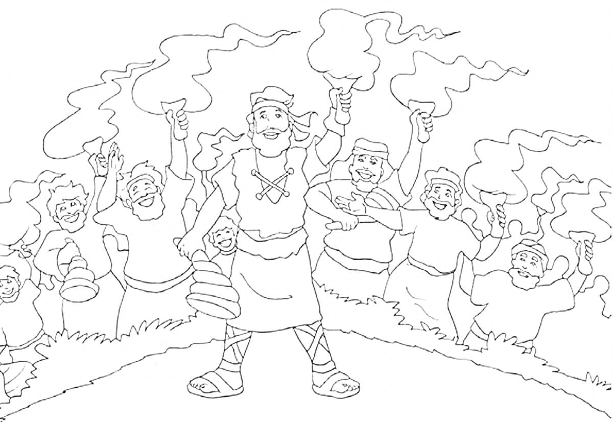 Раскраска Гедеон и его воины с факелами и кувшинами