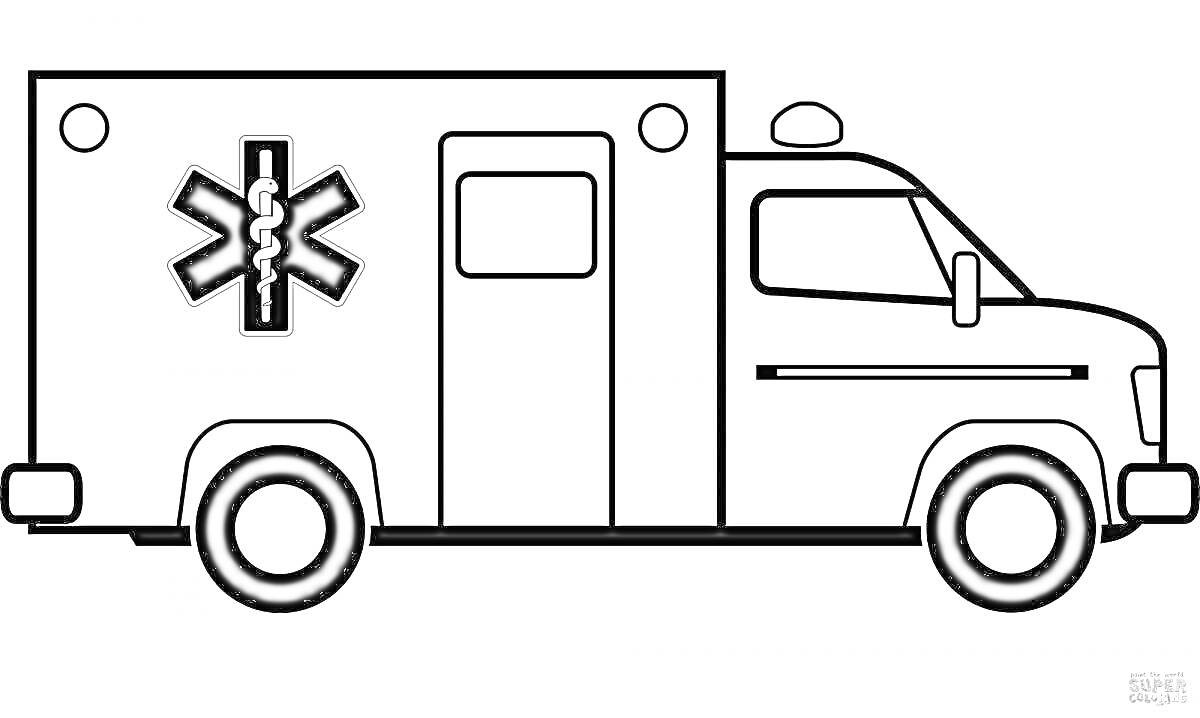 На раскраске изображено: Скорая помощь, Медицинский крест, Дверь, Сирена, Колеса, Машины