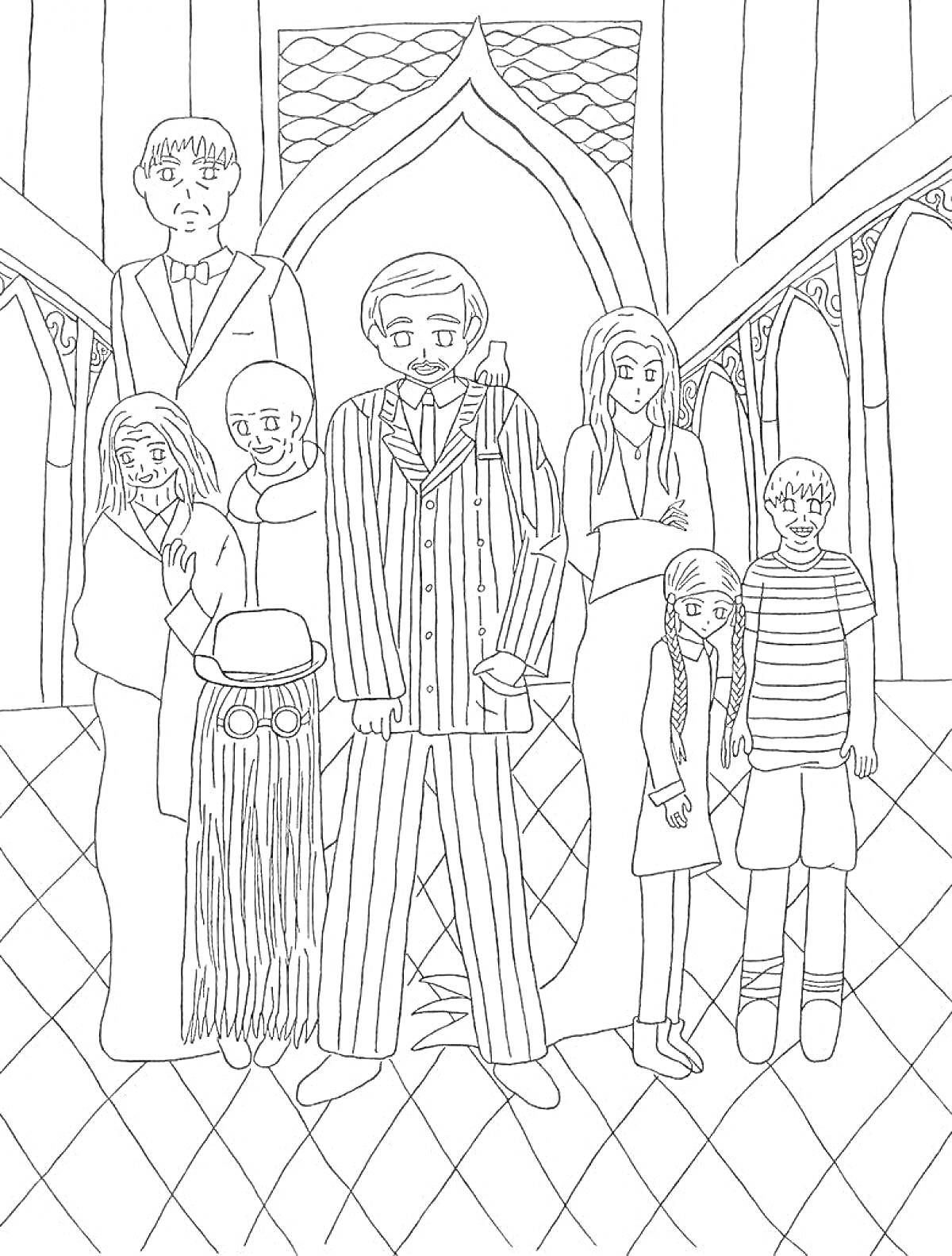 Семейка Аддамс в полном составе на фоне готической арки
