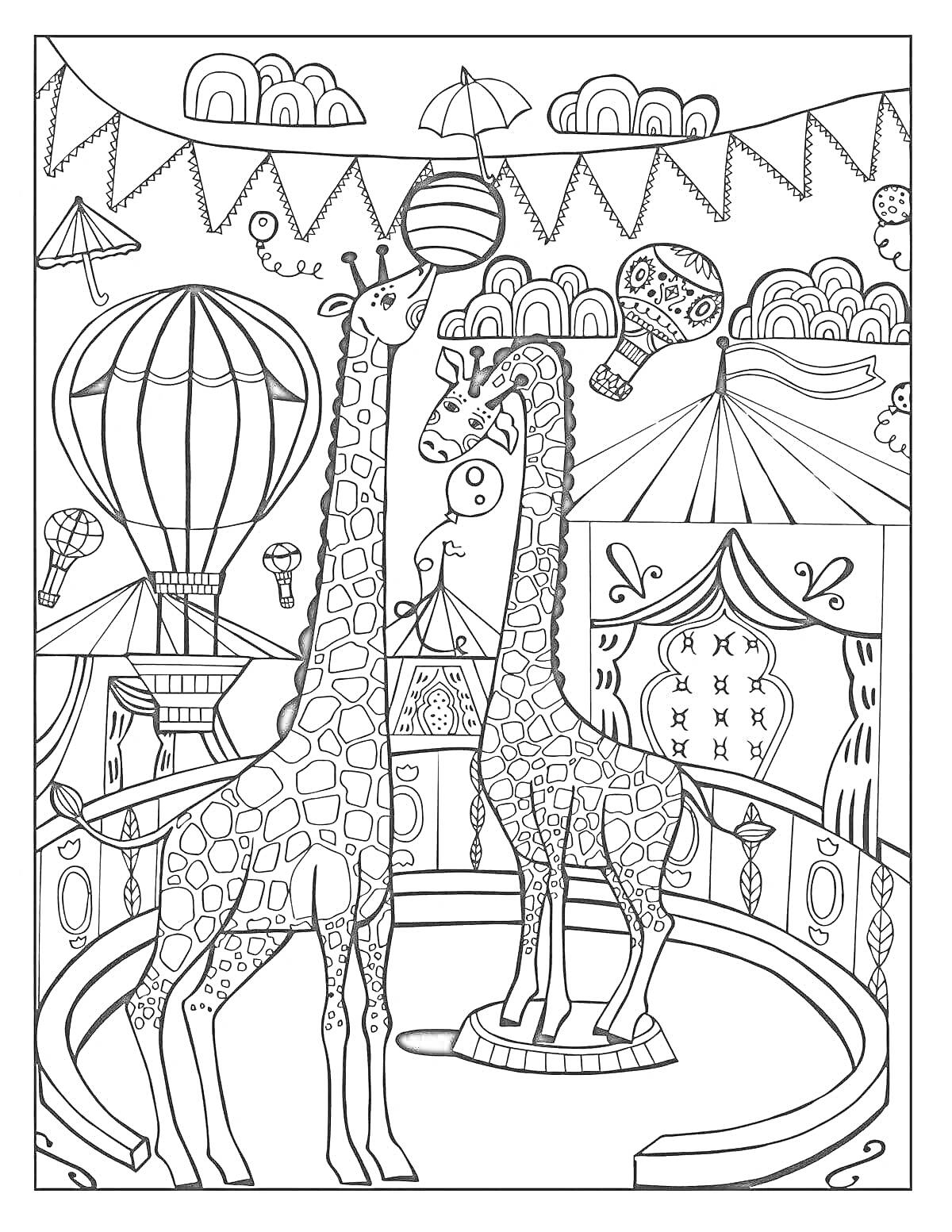 На раскраске изображено: Цирк, Арена, Жирафы, Воздушные шары, Животные, Развлечения