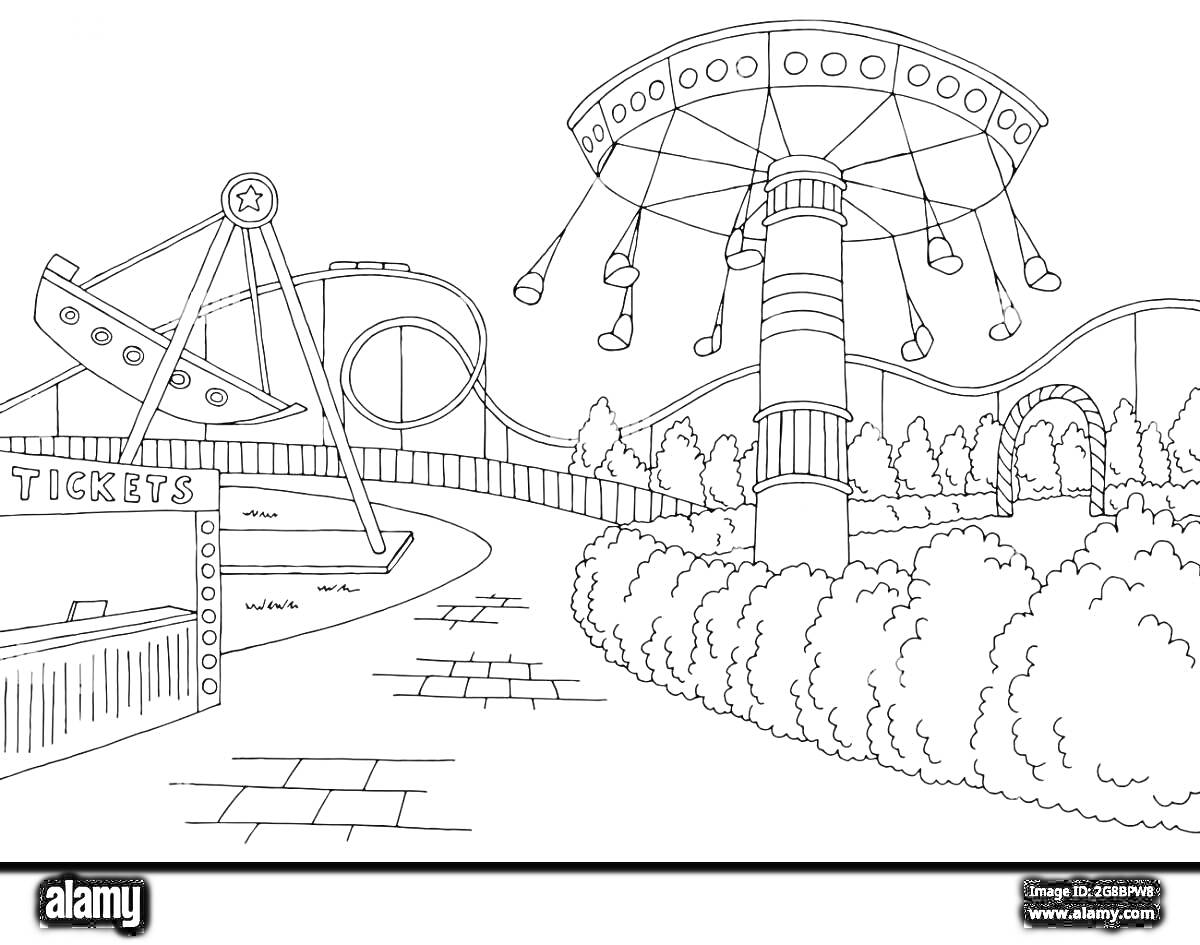 Раскраска аттракционы в парке развлечений с кассой билетов, качелями-лодками, американскими горками, каруселью и зелеными кустами