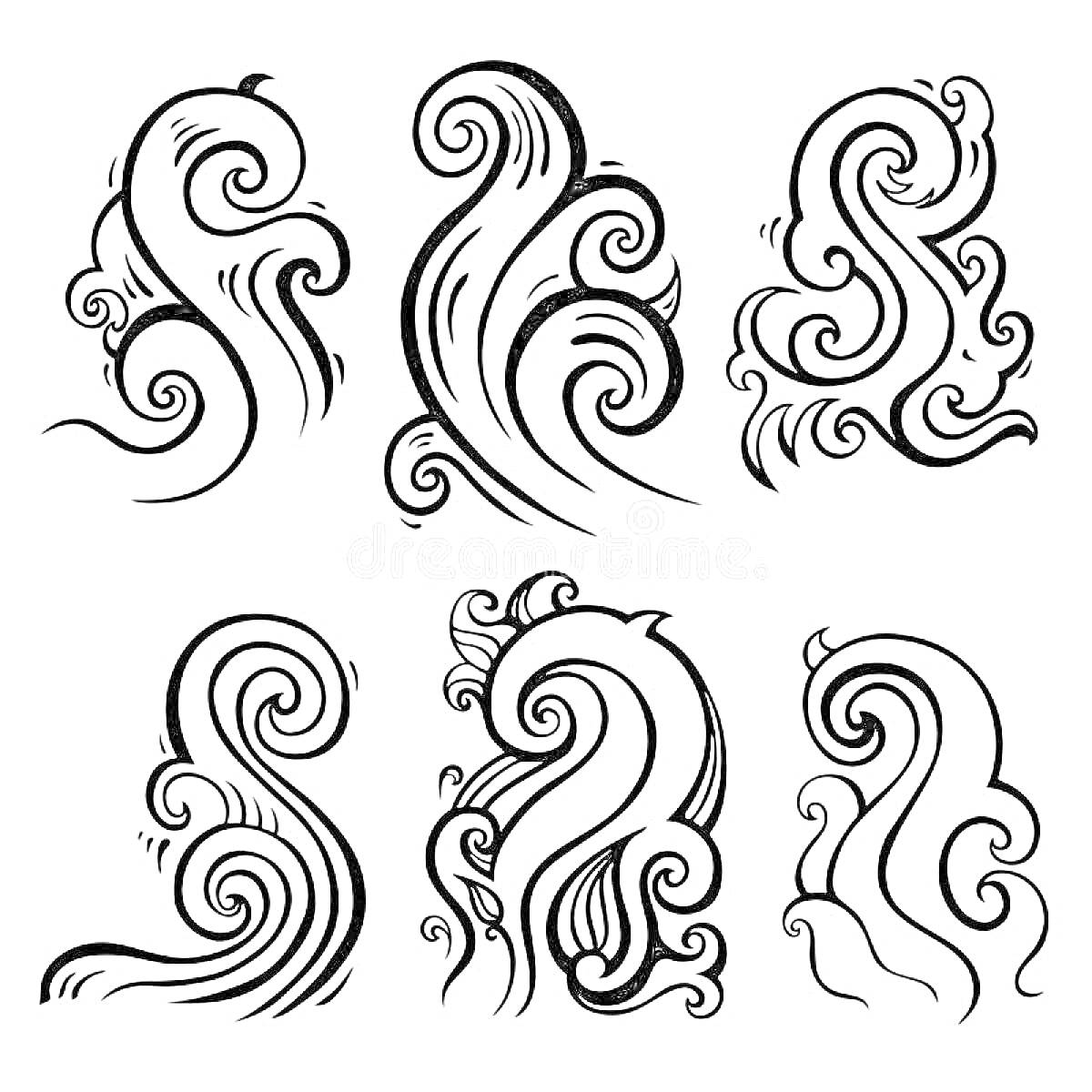 Волны в различных стилизованных формах - шесть различных узоров волн с завитками и линиями.