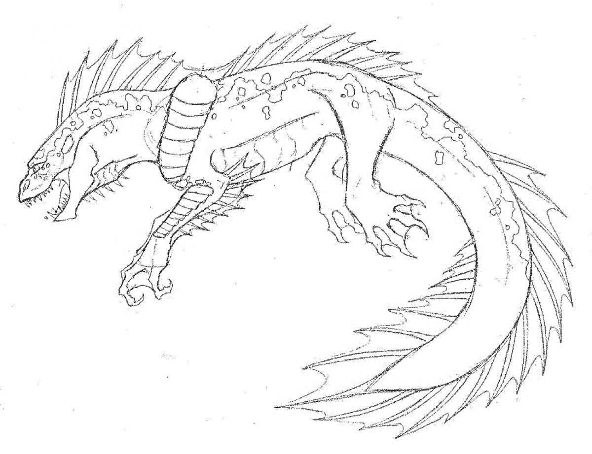 Раскраска Дракон с длинным хвостом, шипами на спине и зубами