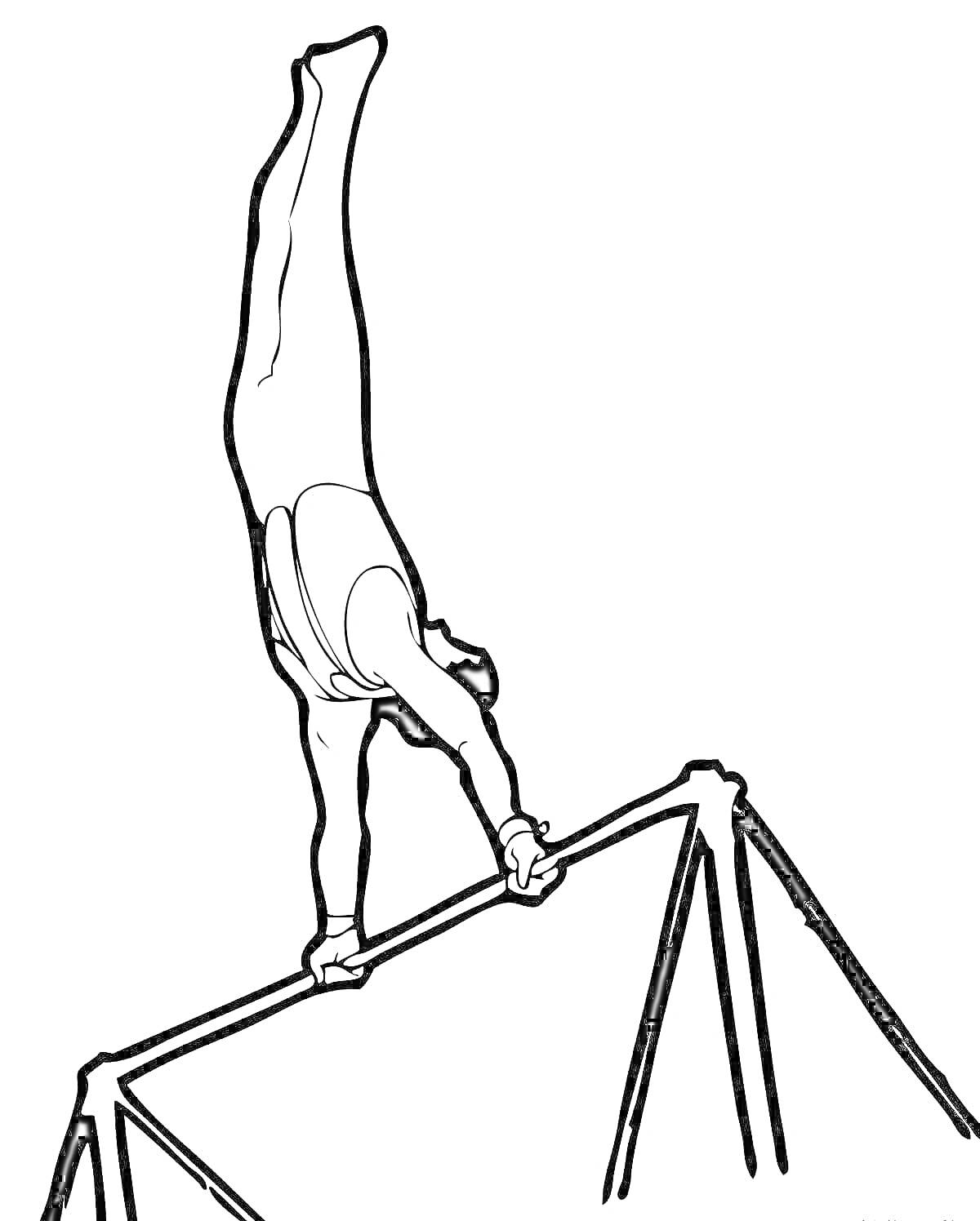 На раскраске изображено: Спортивная гимнастика, Гимнаст, Брусья, Стойка на руках, Спорт, Акробатика
