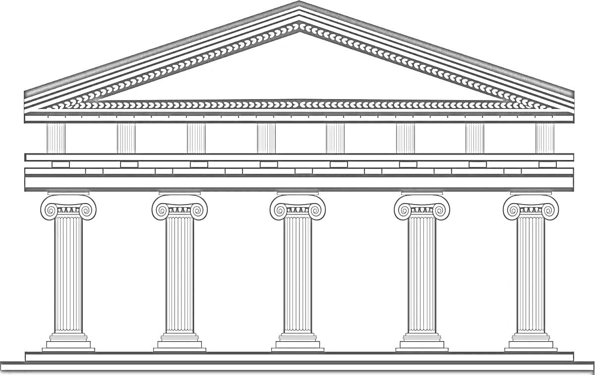 Древнегреческий храм с фронтоном, колоннами и фризом