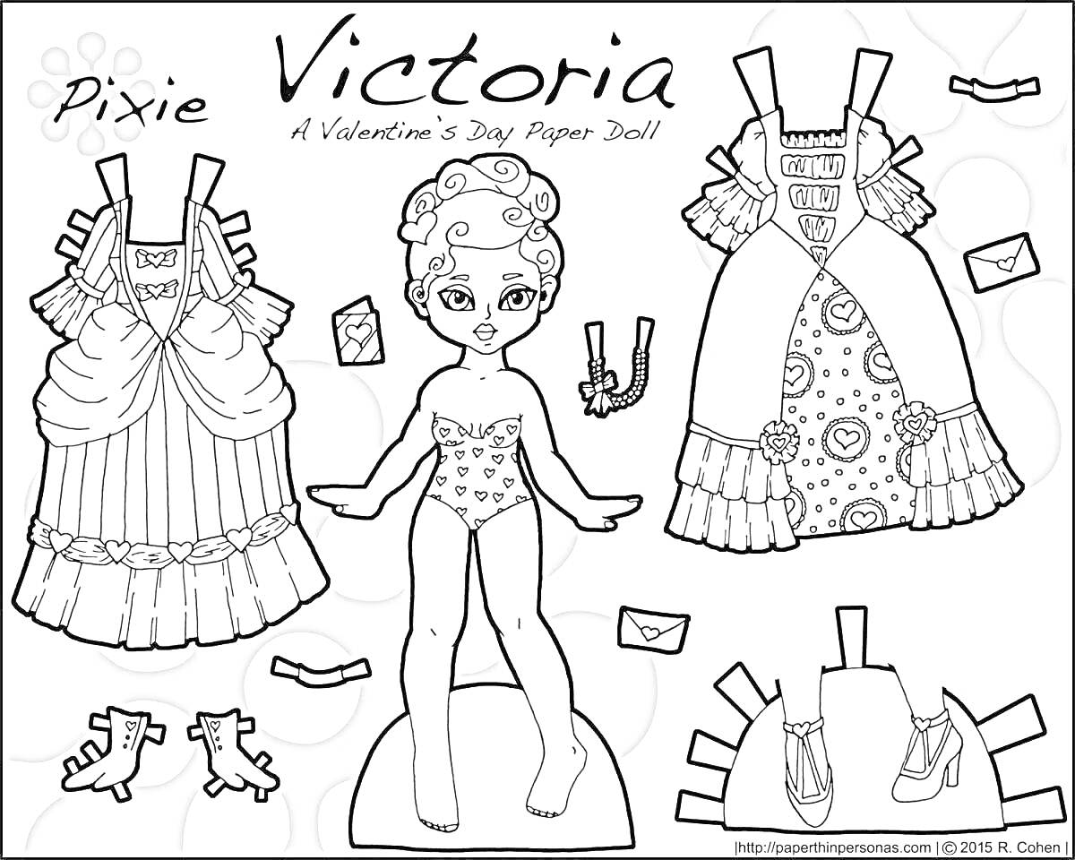 Раскраска Pixie Victoria - A Valentine’s Day Paper Doll (куколка Виктория с одеждой и аксессуарами: два платья, два набора обуви, два конверта).