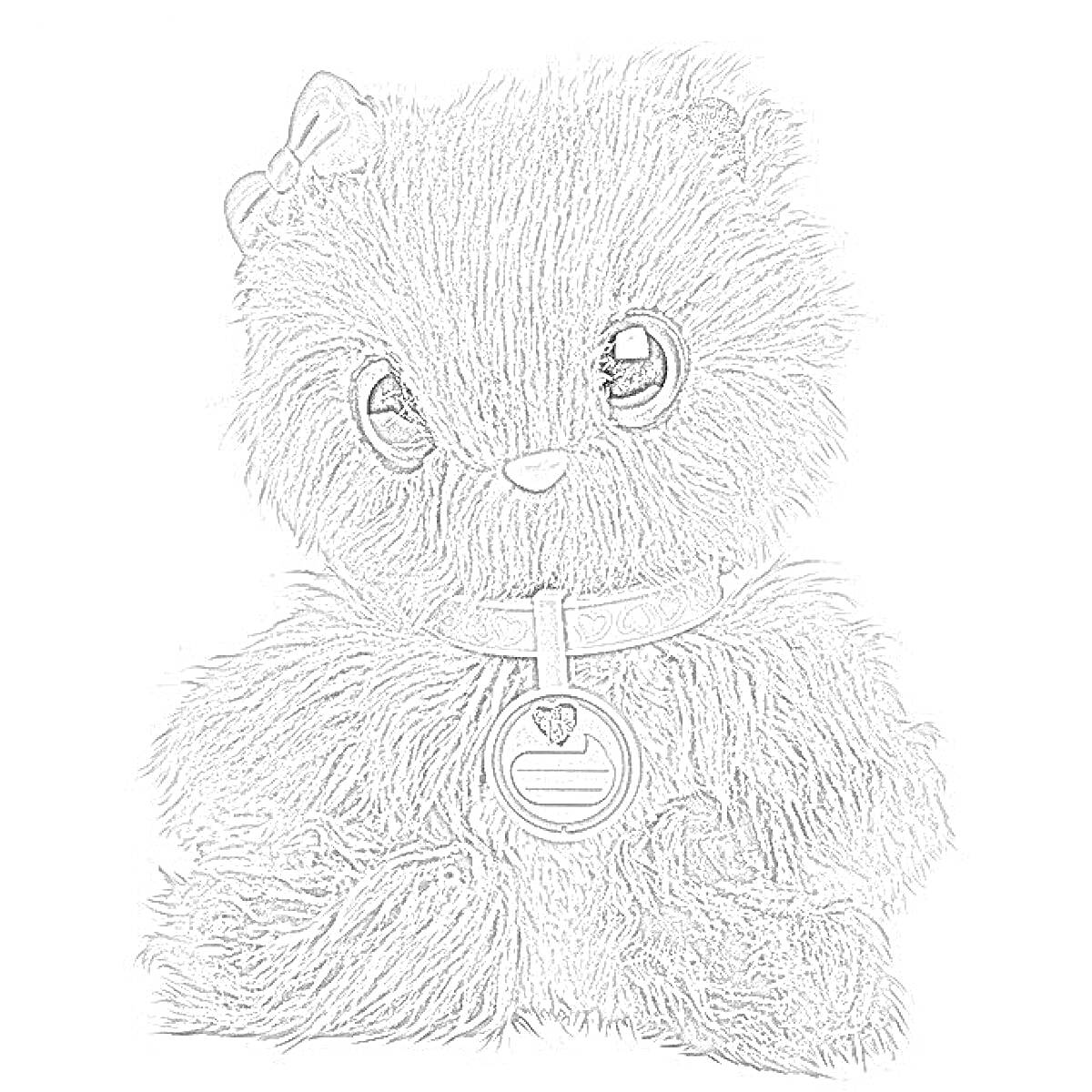 Раскраска Плюшевая игрушка с бантиком на голове и медальоном на шее