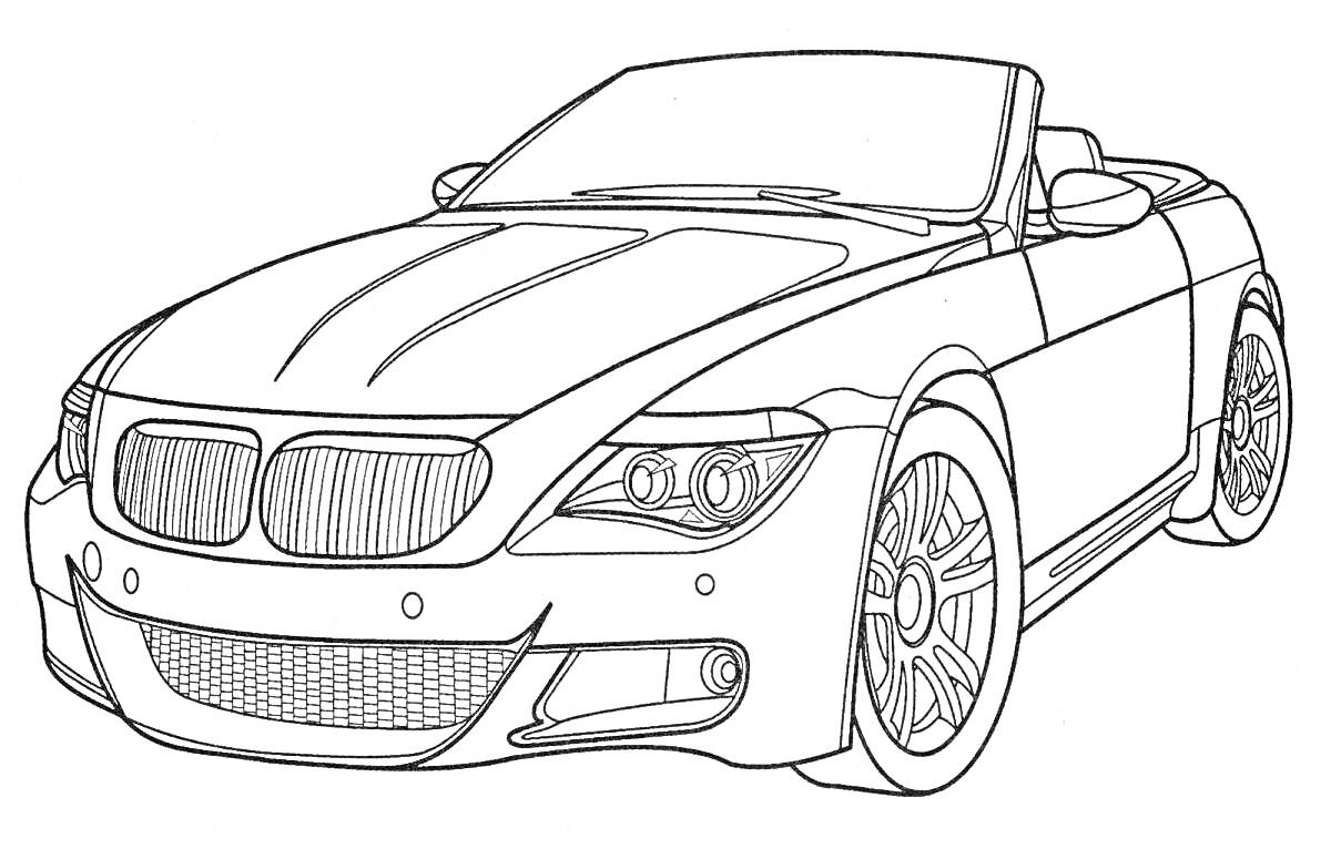 Раскраска BMW M5 кабриолет, вид спереди и сбоку, детали кузова и фар, колеса с дисками, передний бампер, зеркала заднего вида