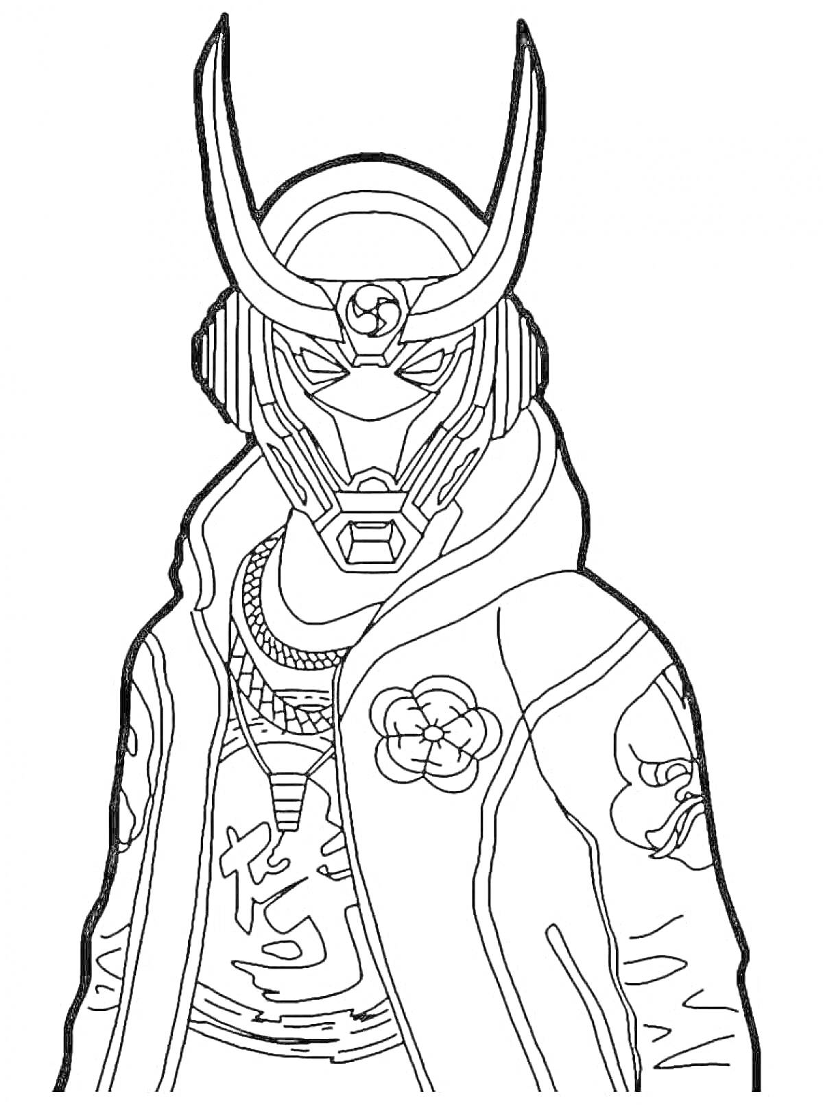 Раскраска Человек в маске с рогами, киберпанк костюме и куртке с узорами