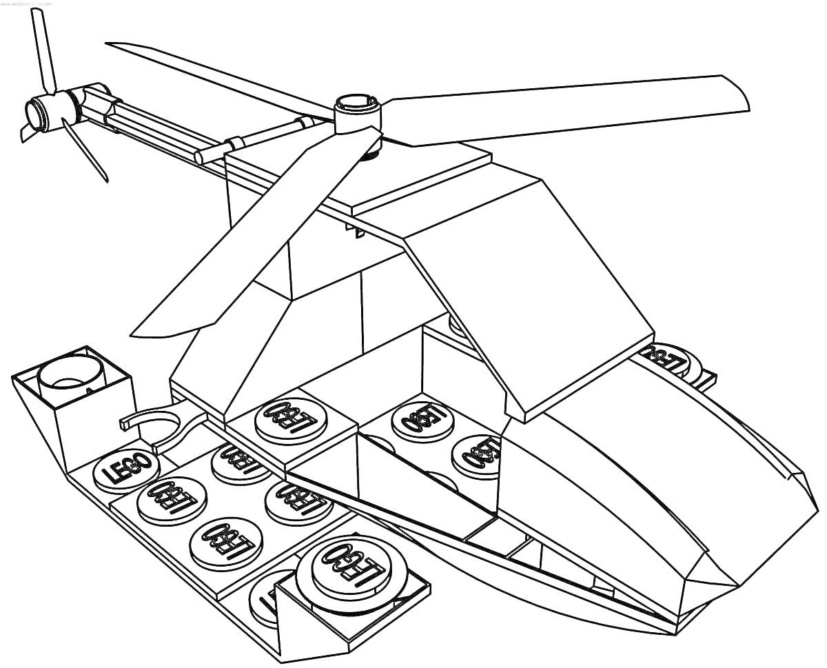 Раскраска Вертолет из конструктора LEGO с двумя лопастями, боковыми вставками и базой из крупных деталей
