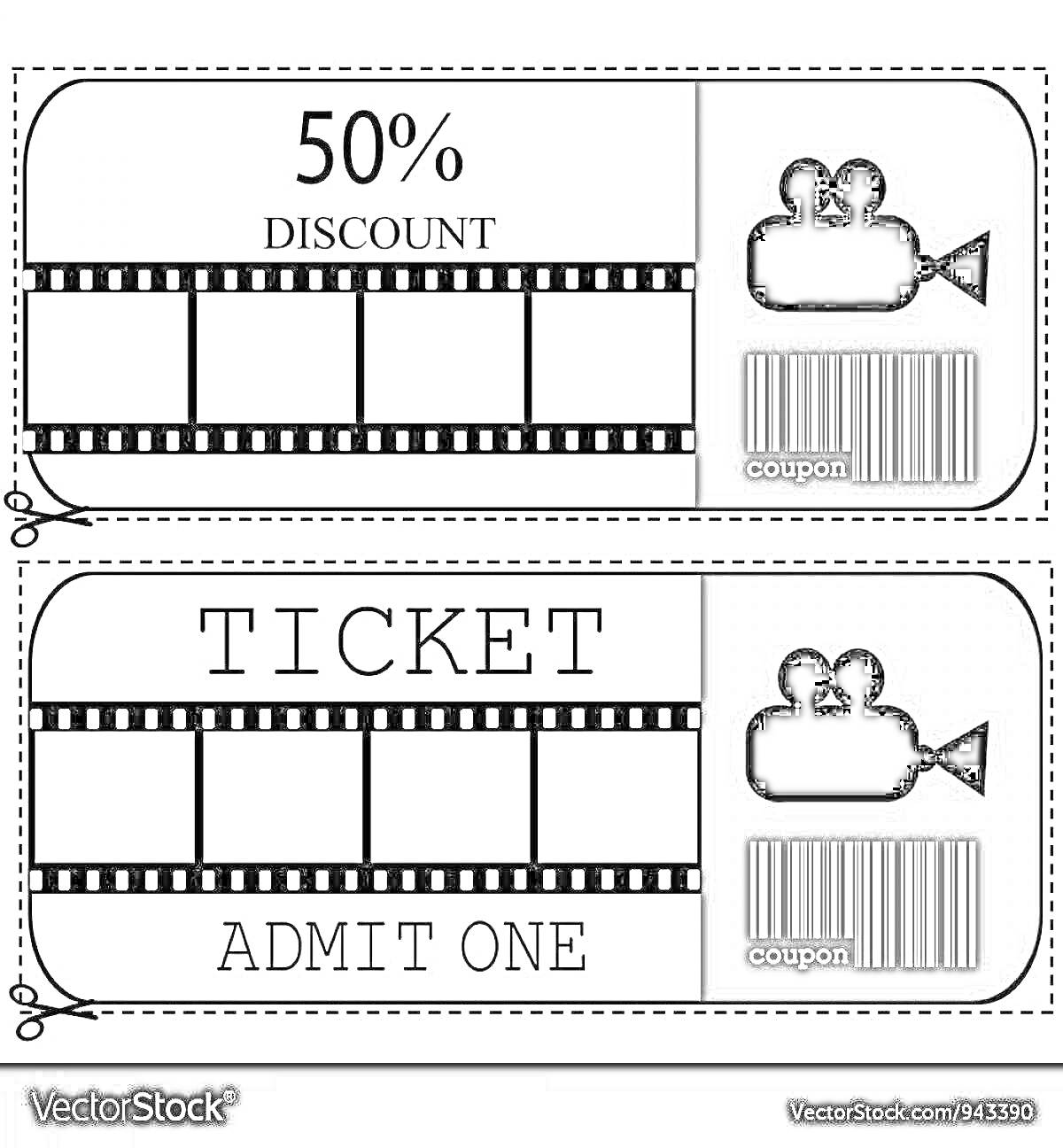 Раскраска Билет 50% скидка с киноплёнкой и значком камеры, билет 
