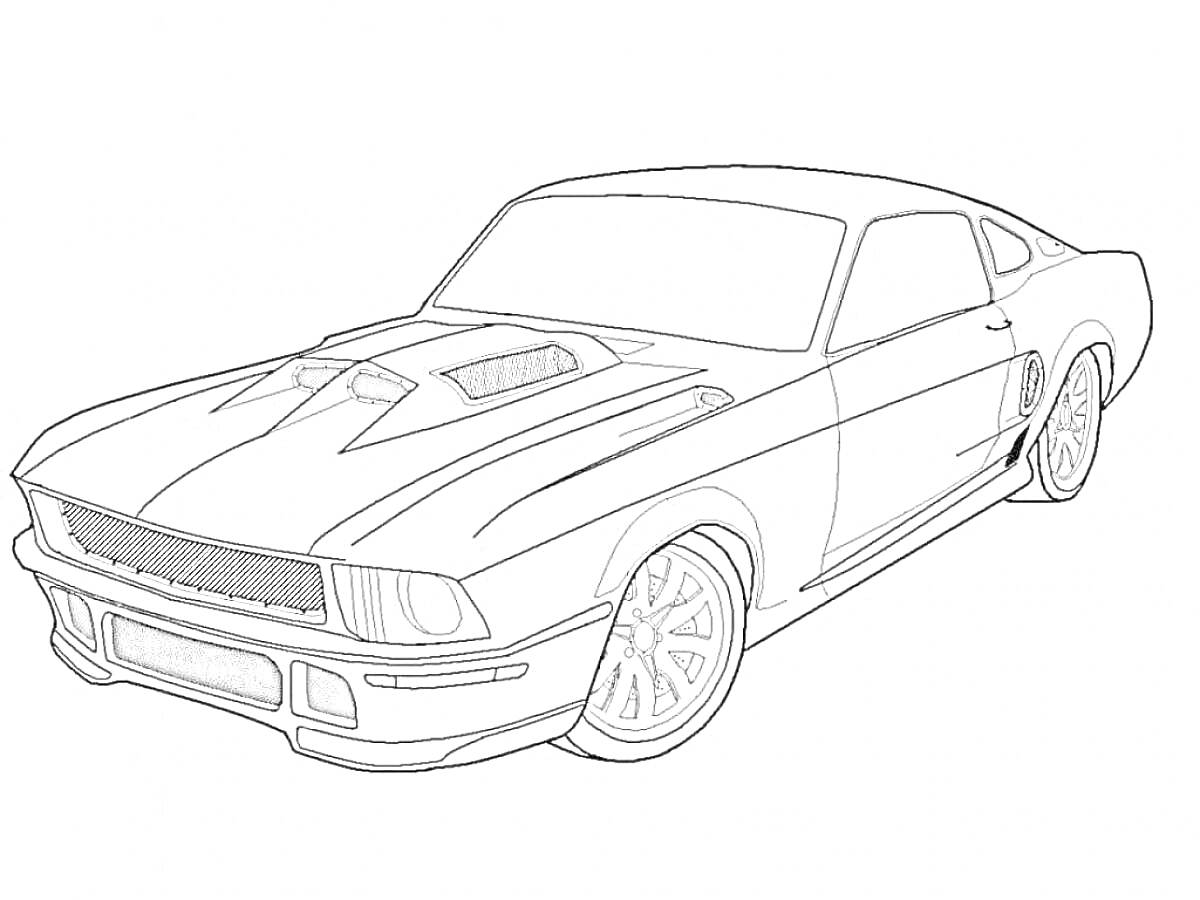 Раскраска Раскраска - классический Форд Мустанг с деталями капота, фар и дисков