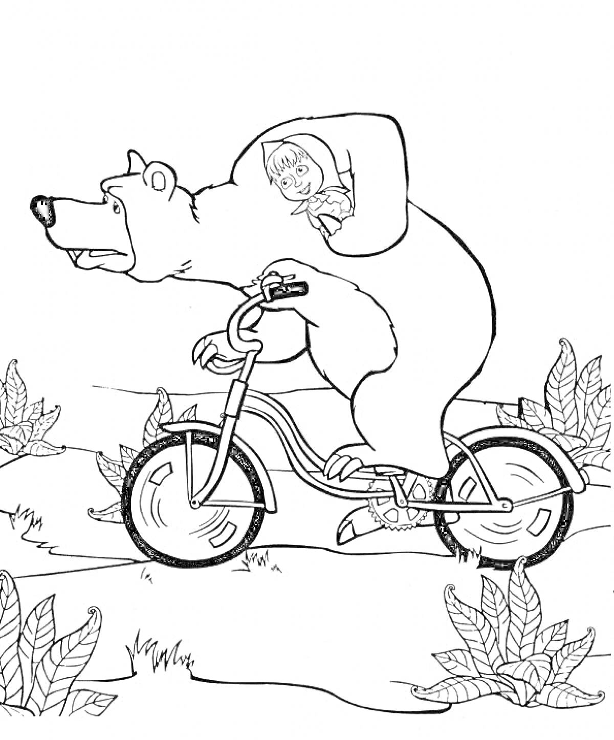 Маша на спине Медведя, едущего на велосипеде, кусты на заднем плане