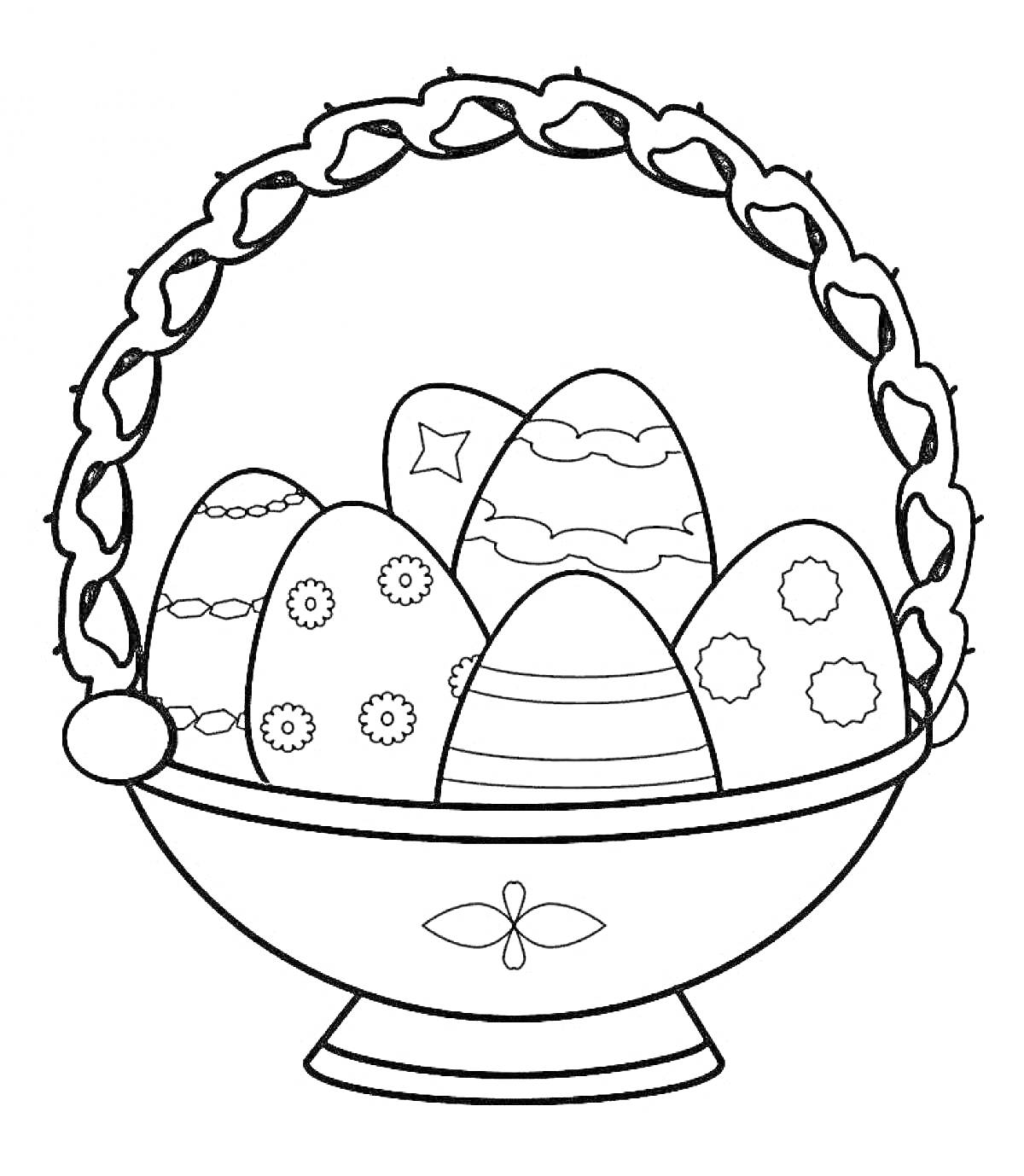 На раскраске изображено: Пасха, Корзина, Пасхальные яйца, Узоры, Праздники