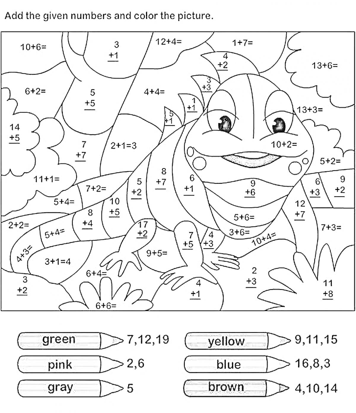 Раскраска Лягушка на фоне деревьев и облаков, раскраска по номерам с заданиями на сложение