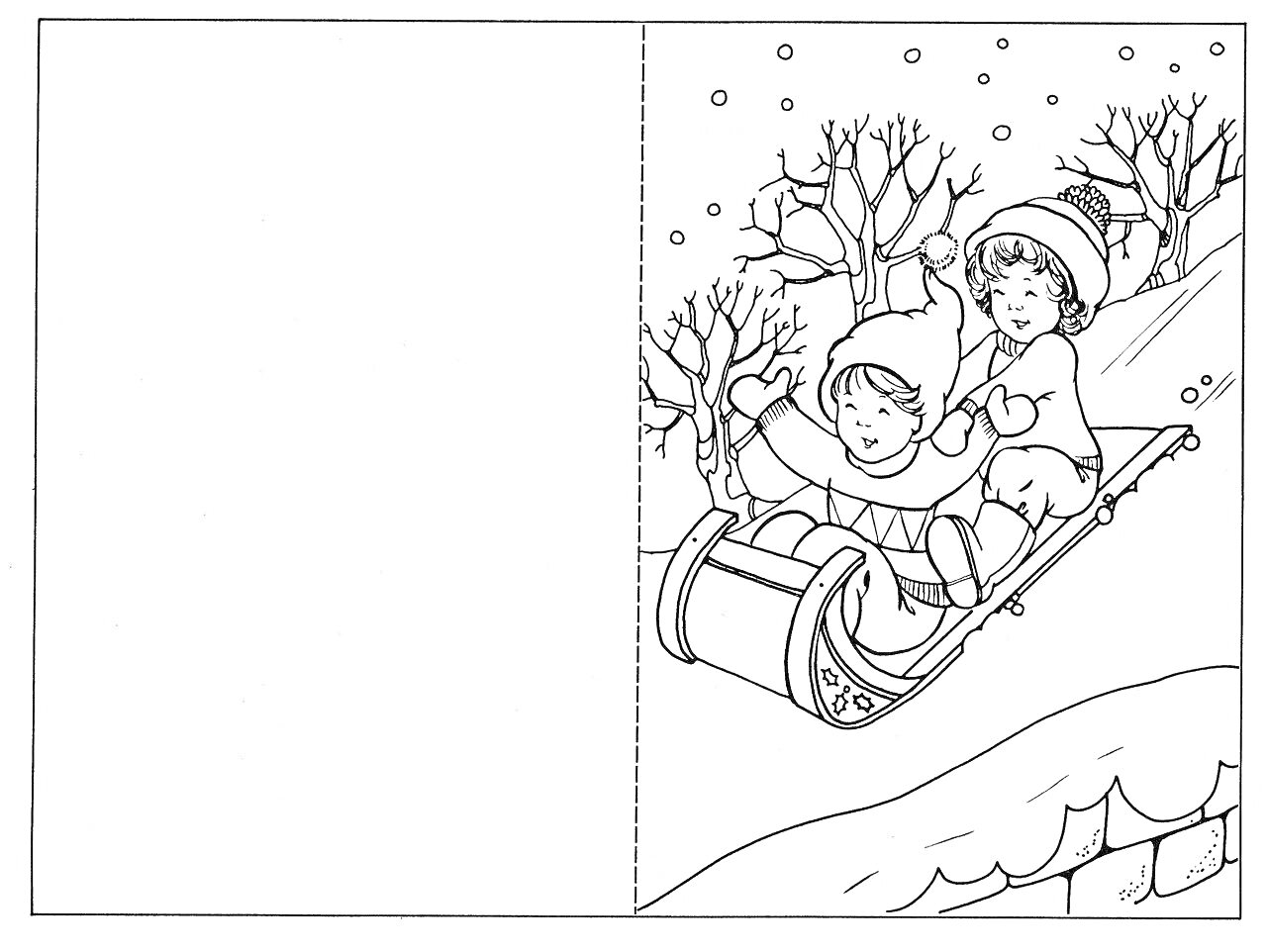 На раскраске изображено: Новогодняя открытка, Снег, Зима, Ёлки, Клен, Веселье, Рождество, Холмы