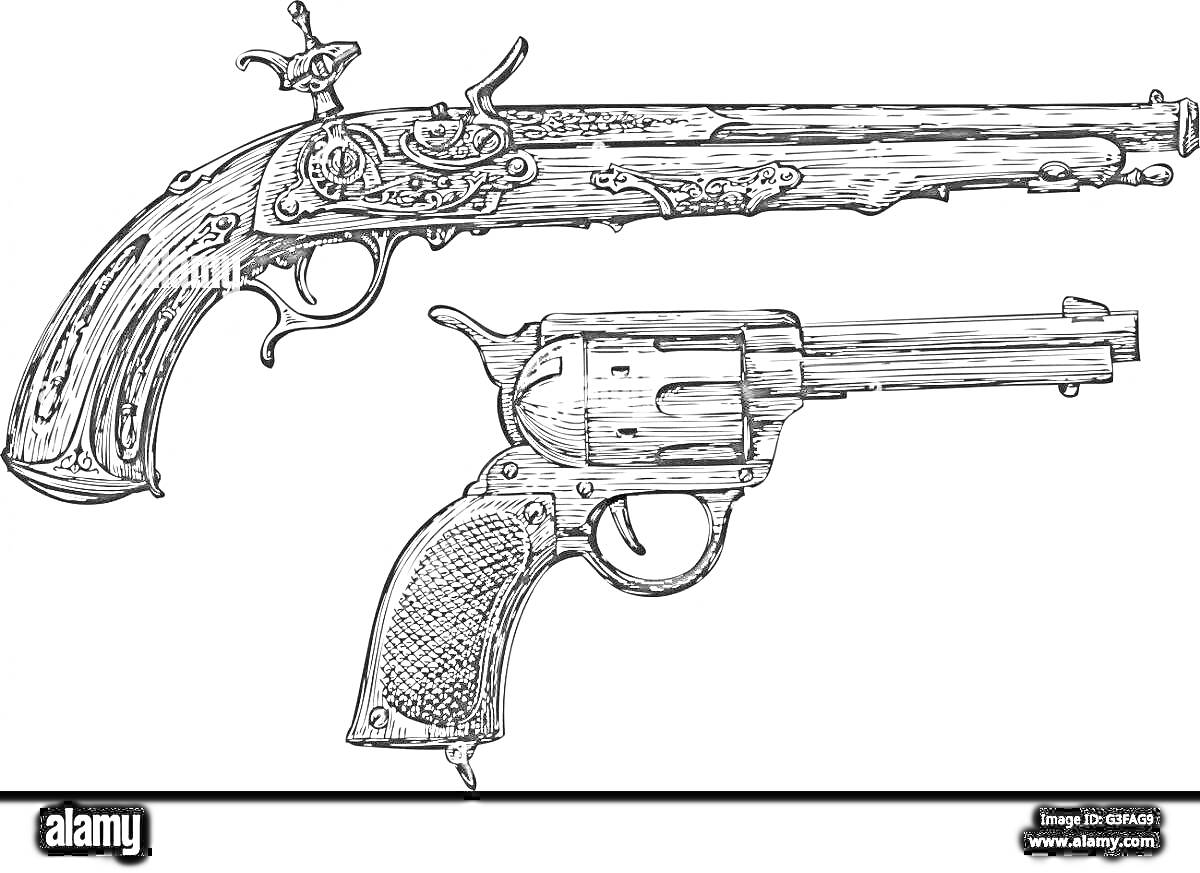 Раскраска Два вида огнестрельного оружия - Древний пистолет и револьвер