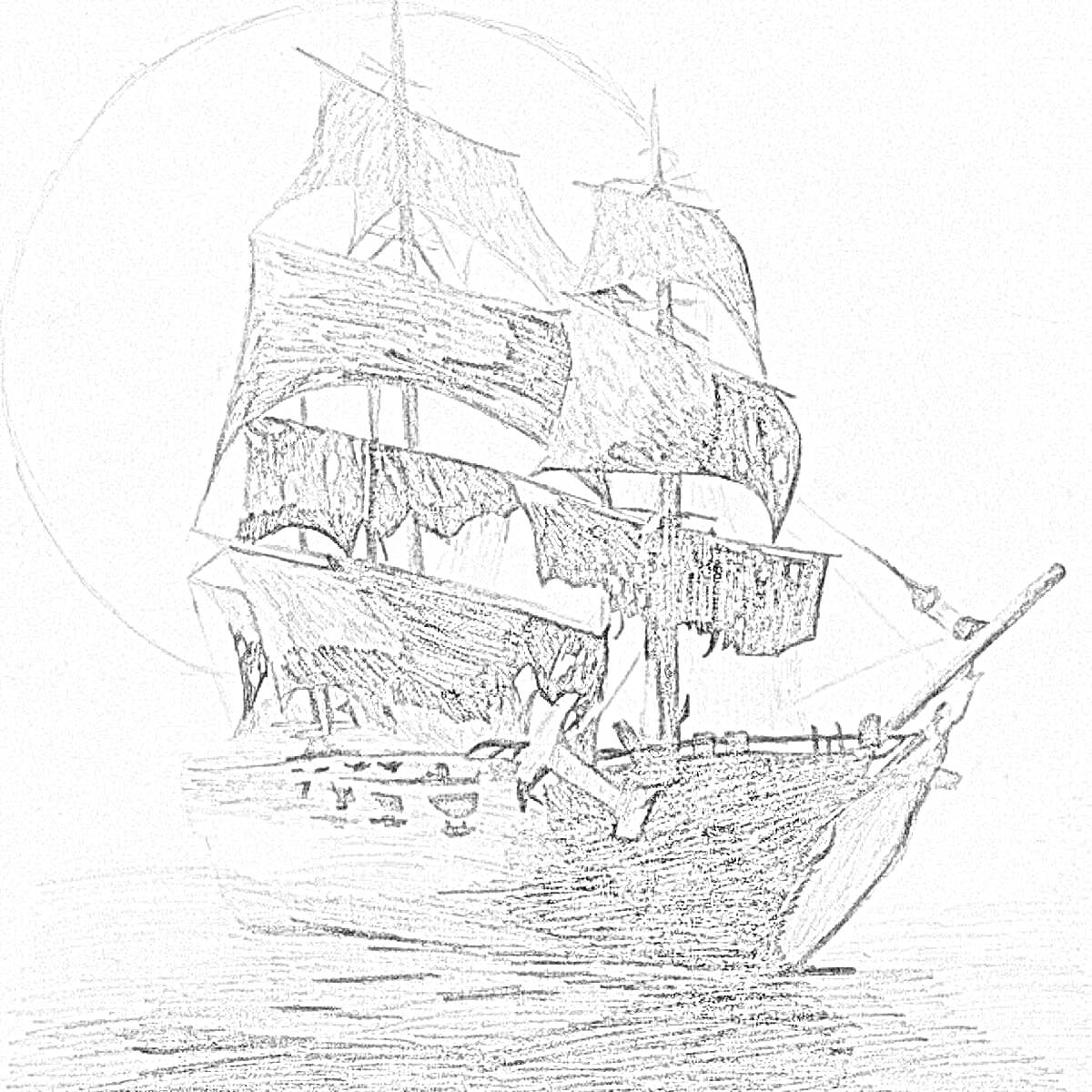 На раскраске изображено: Корабль, Море, Луна, Вода, Ночь, Набросок, Паруса