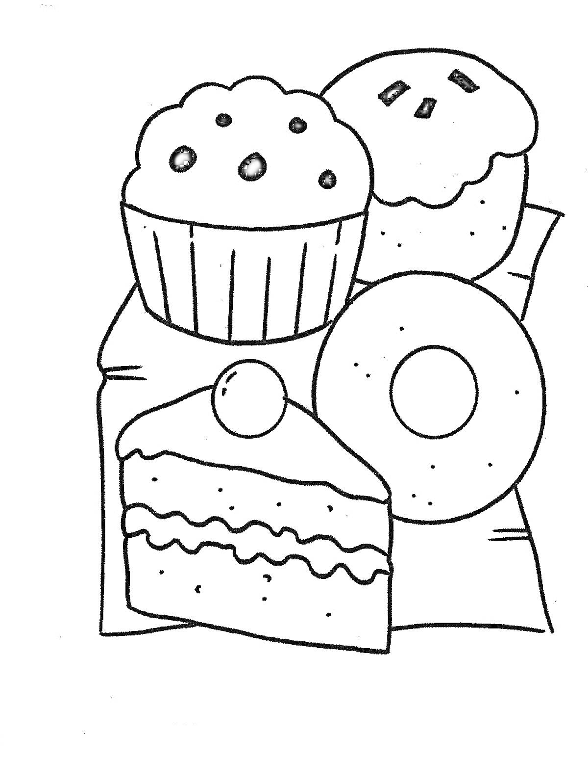 На раскраске изображено: Сладости, Маффин, Кекс, Пончик, Торт, Выпечка, Десерты