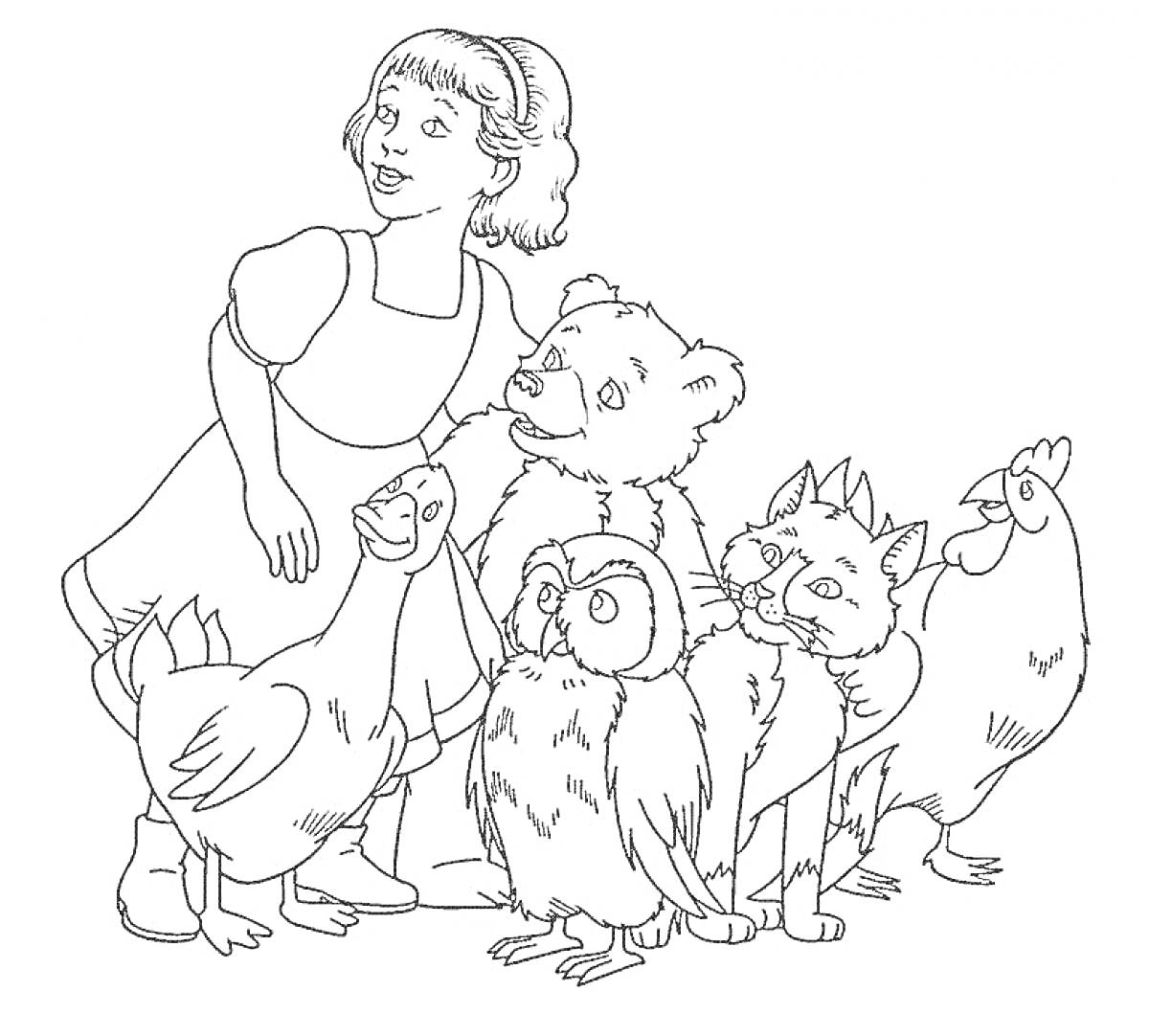 Раскраска Девочка с медвежонком, совой, котом, уткой и петухом
