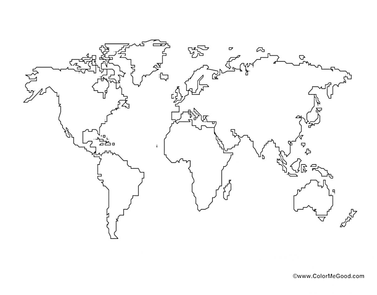 Раскраска Контурная карта мира со всеми континентами и крупными островами