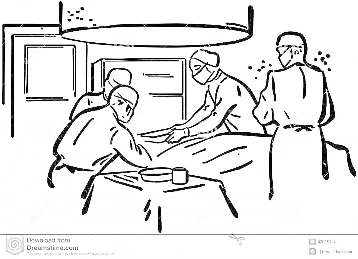 Раскраска Операционная, трое хирургов в масках и хирургических халатах стоят вокруг операционного стола с пациентом, операционная лампа над столом, столик с медицинскими инструментами на переднем плане.