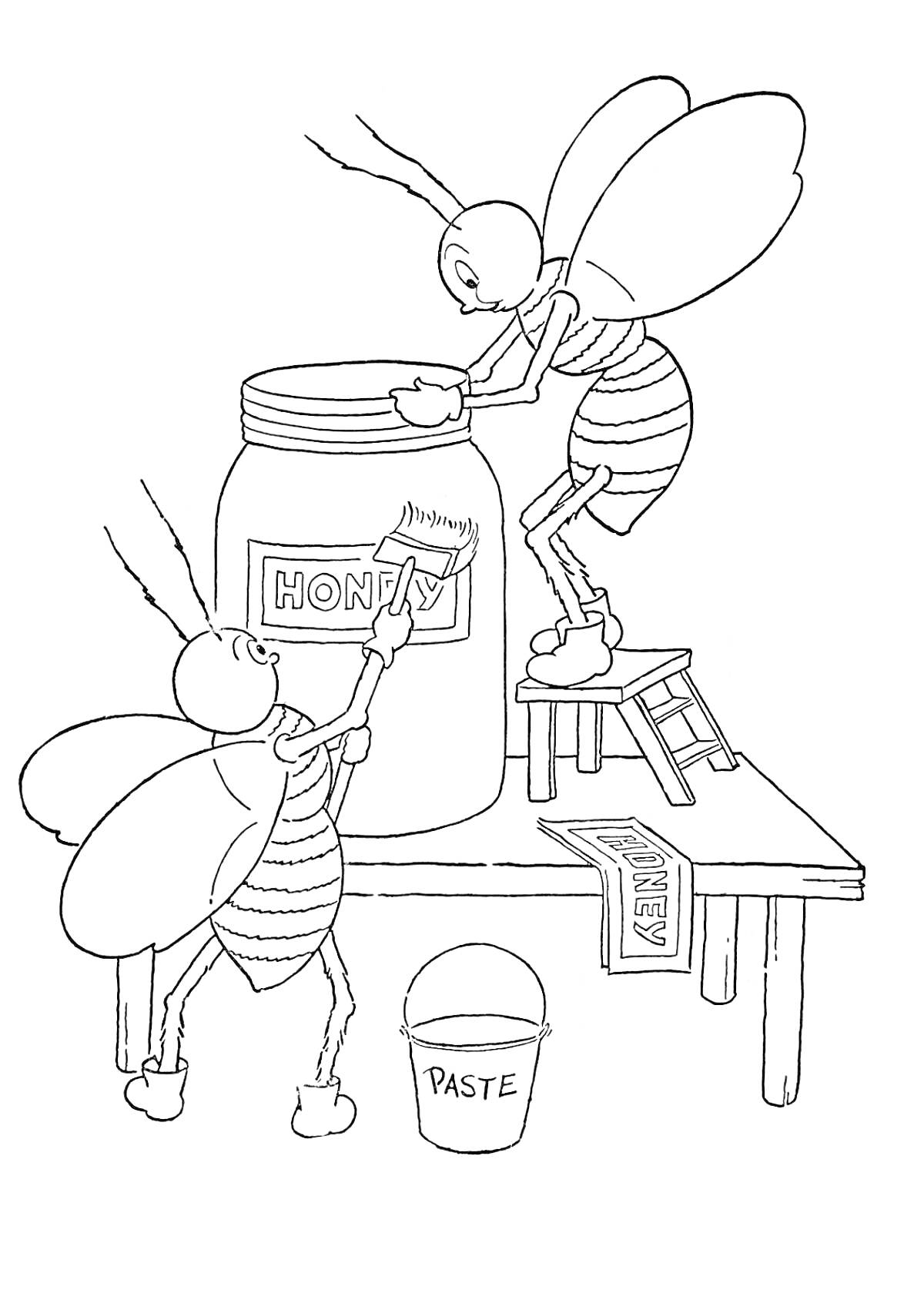 Раскраска Пчёлы наносят пасту и наклеивают этикетку на банку с мёдом.